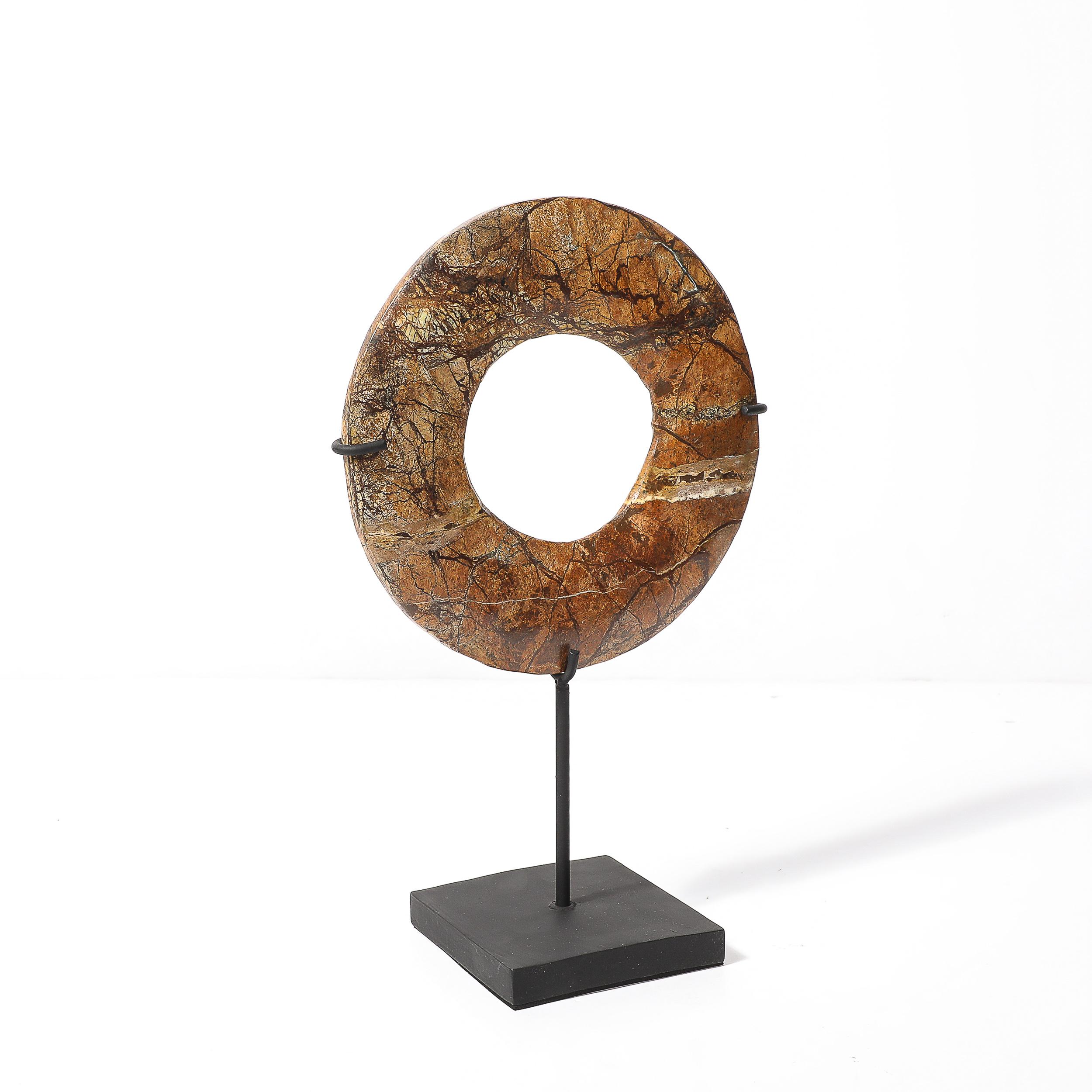 Neolithic Chinese Red Soapstone Bi Disc Carving on Iron Base For Sale 2