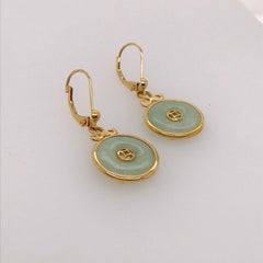 Neolithic Design Chinese Jade Pi 'Disk' Earrings, 14 Karat Yellow Gold Hong Kong