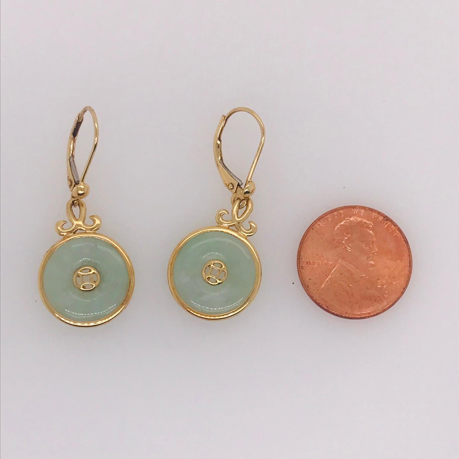 Neoclassical Neolithic Design Chinese Jade Pi 'Disk' Earrings, 14 Karat Yellow Gold Hong Kong