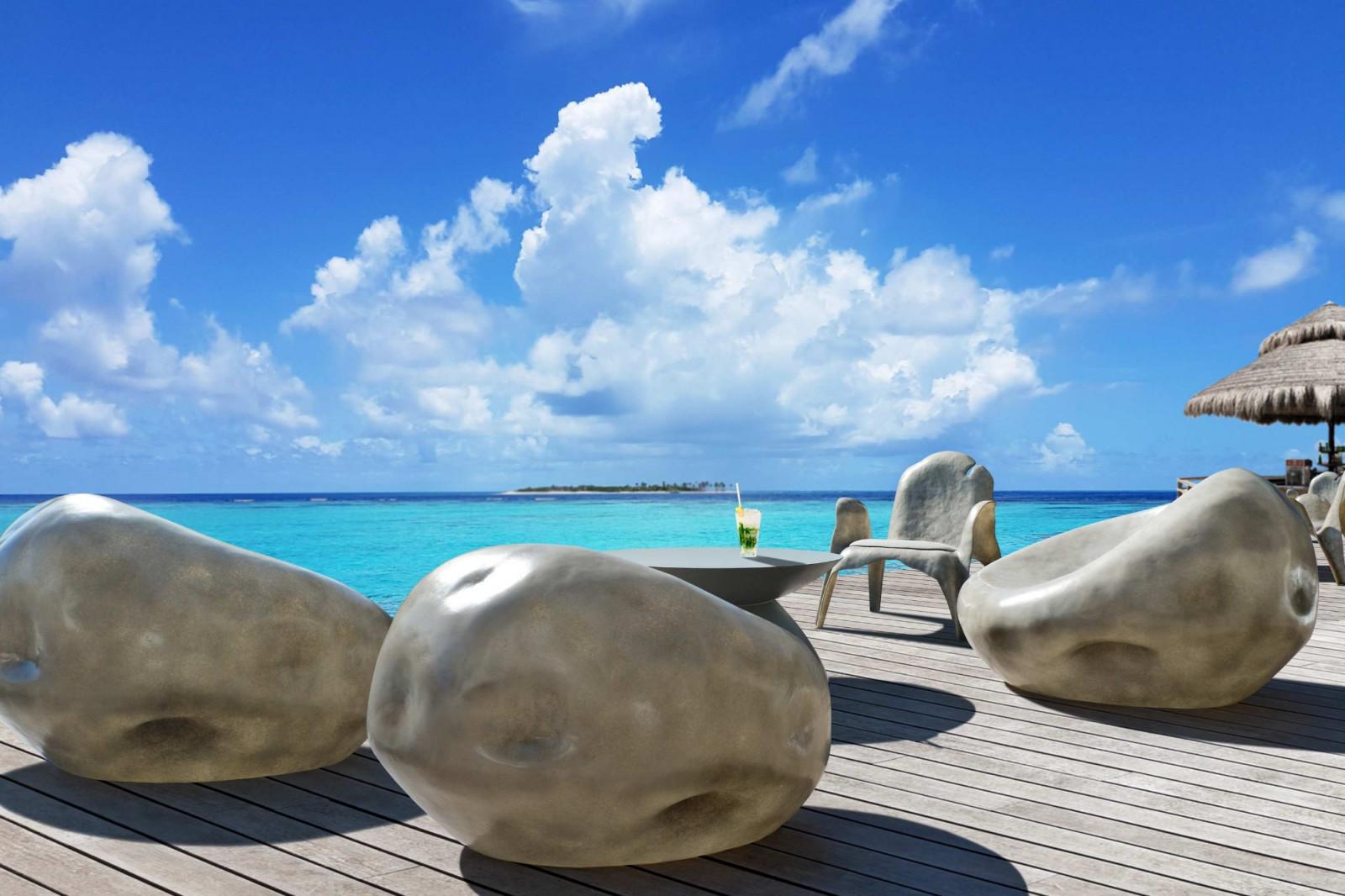 Resina Set di sedie da salotto a conchiglia per esterni in stile neolitico con finitura in gesso sabbioso in vendita