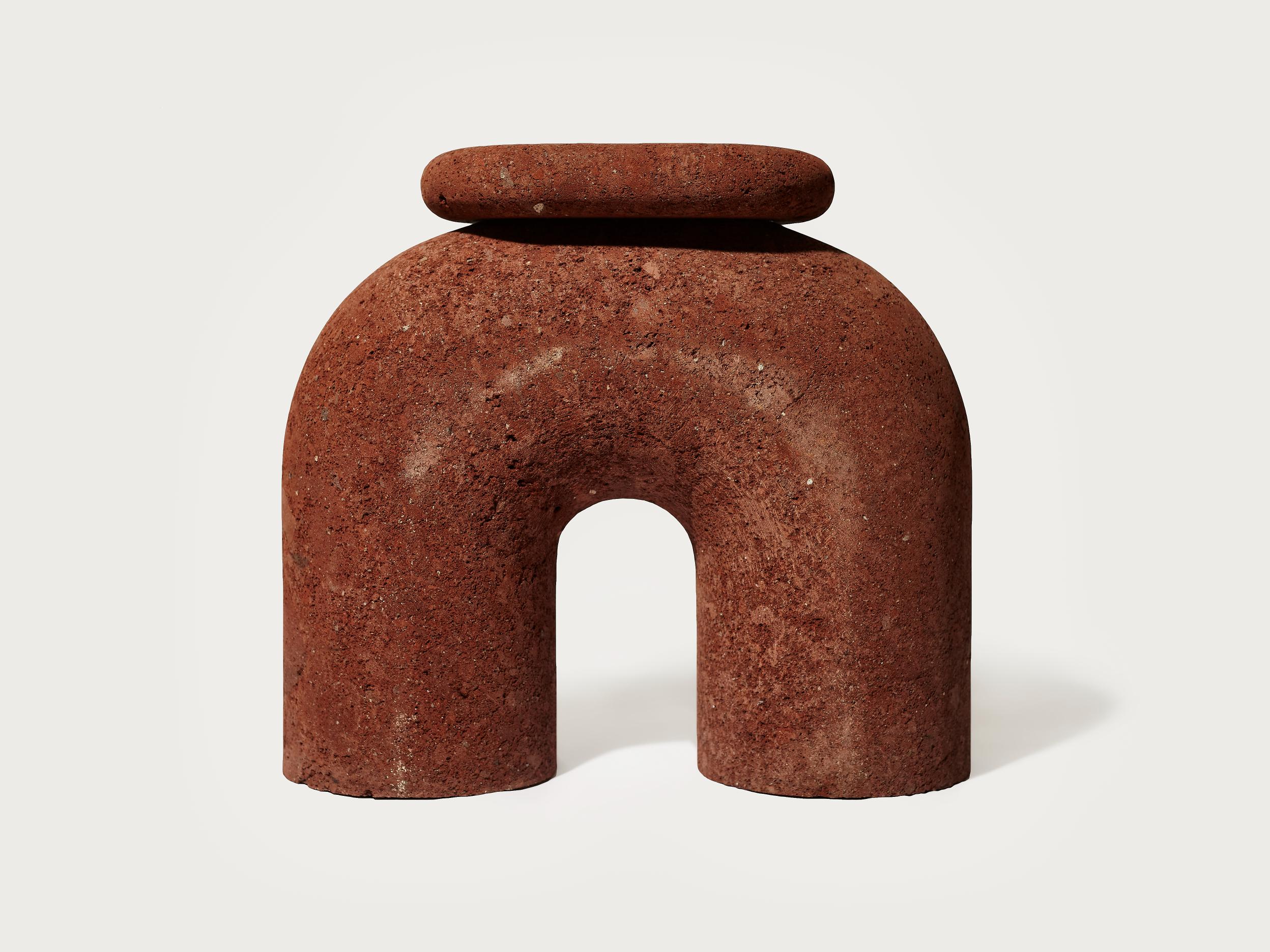Neolithic thinker stool by Panorammma
Materials: tezontle (red volcanic rock). 
Dimensions: 45 x 50 x 20 cm.

Panorammma is a furniture design atelier based in Mexico City that seeks to redefine our relation to functional objects through