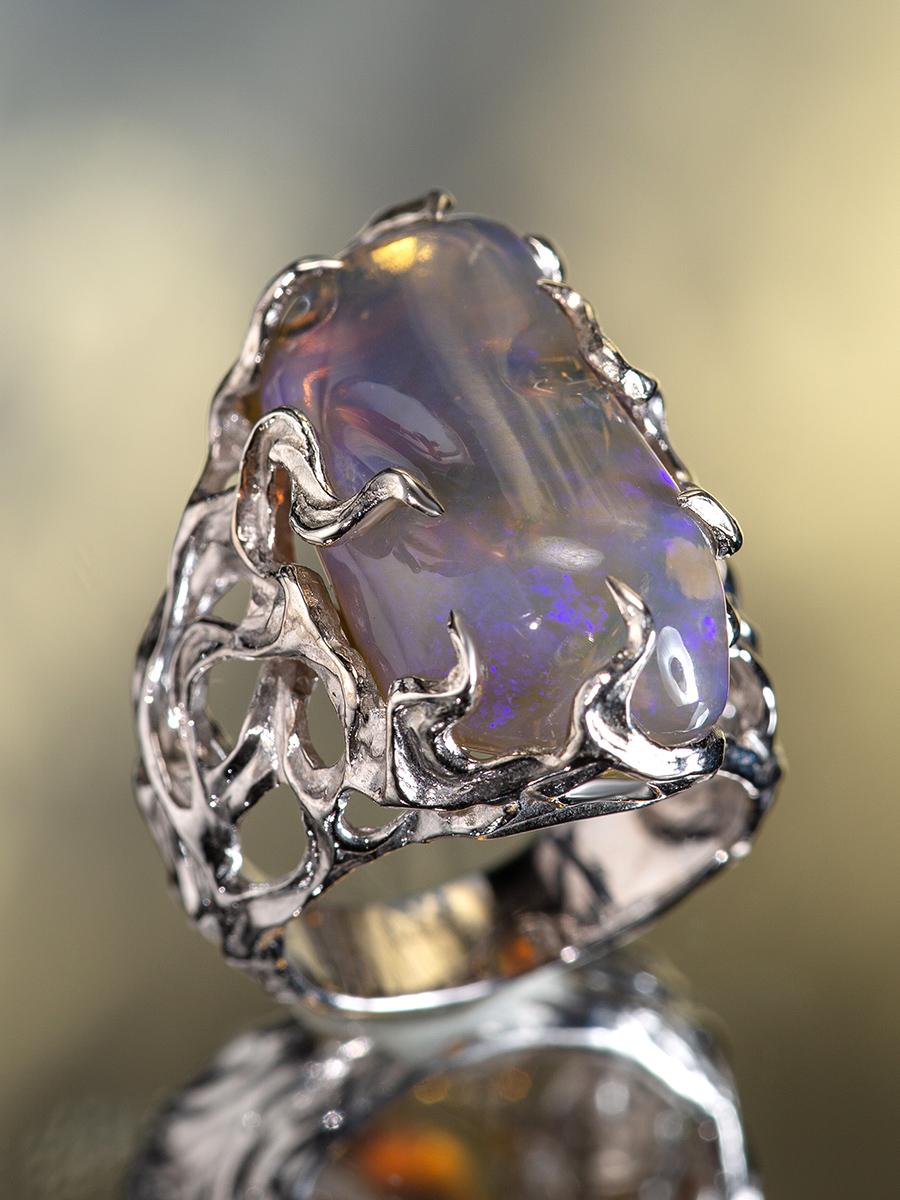 Neon Australian Opal Engagement Ring Medusa Gorgon Iridescent Blue Magic Stone For Sale 9
