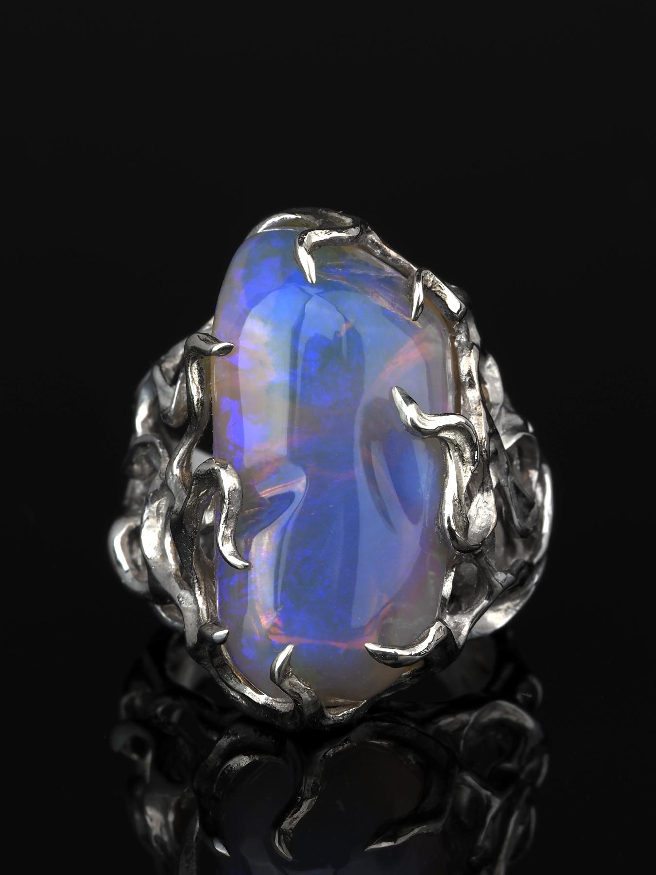 Silver ring with natural freeform Neon Opal 
opal origin - Australia
opal measurements - 0.39 x 0.51 x 0.98 in / 10 х 13 х 25 mm
opal weight - 20.10 carats
ring size - 7.5 US
ring weight - 13.72 grams

Waves collection


We ship our jewelry