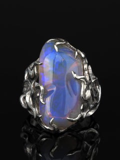 Neon Australian Opal Engagement Ring Medusa Gorgon Iridescent Blue Magic Stone