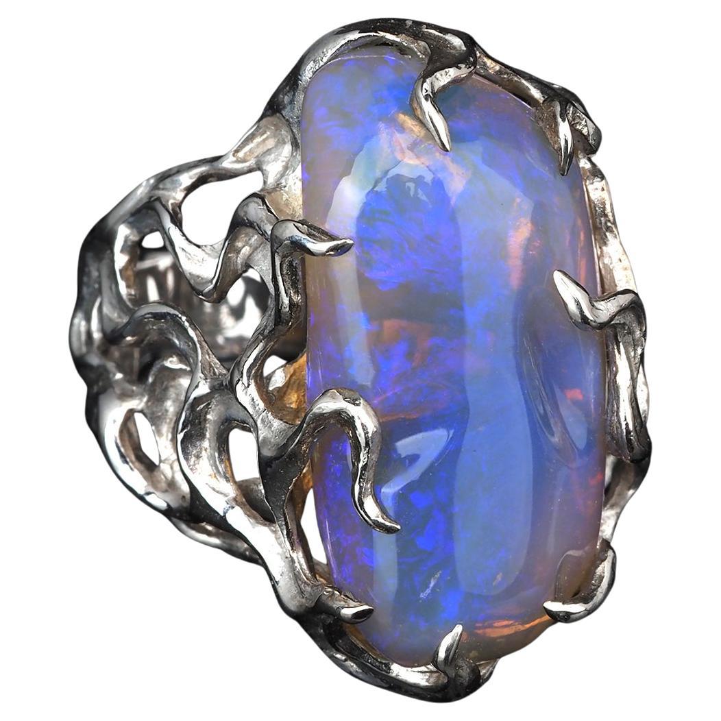 Neon Australian Opal Engagement Ring Medusa Gorgon Iridescent Blue Magic Stone