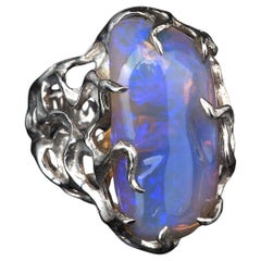 Neon Australian Opal Engagement Ring Medusa Gorgon Iridescent Blue Magic Stone