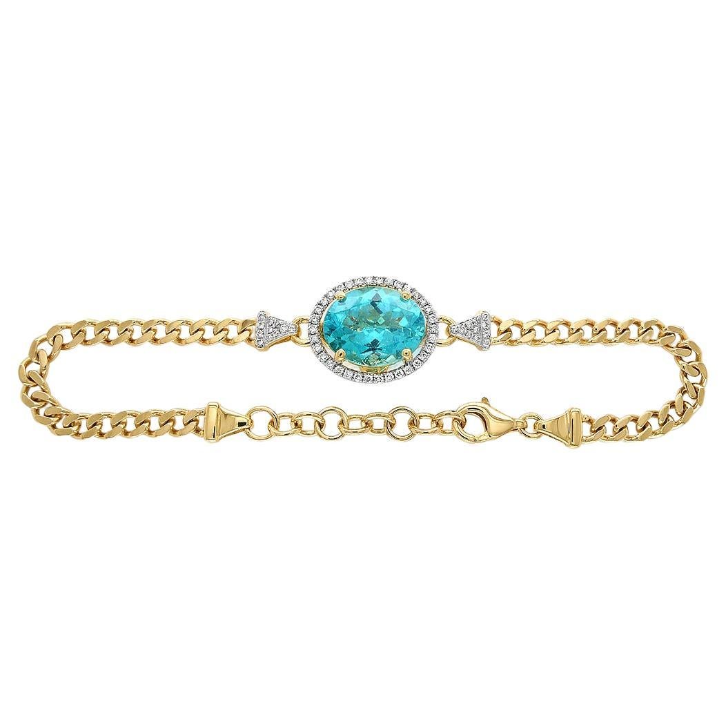 Neon Blue Apatite & White Diamond 18K Yellow Gold Oval Shape Charm Bracelet