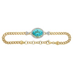 Neon Blue Apatite & White Diamond 18K Yellow Gold Oval Shape Charm Bracelet