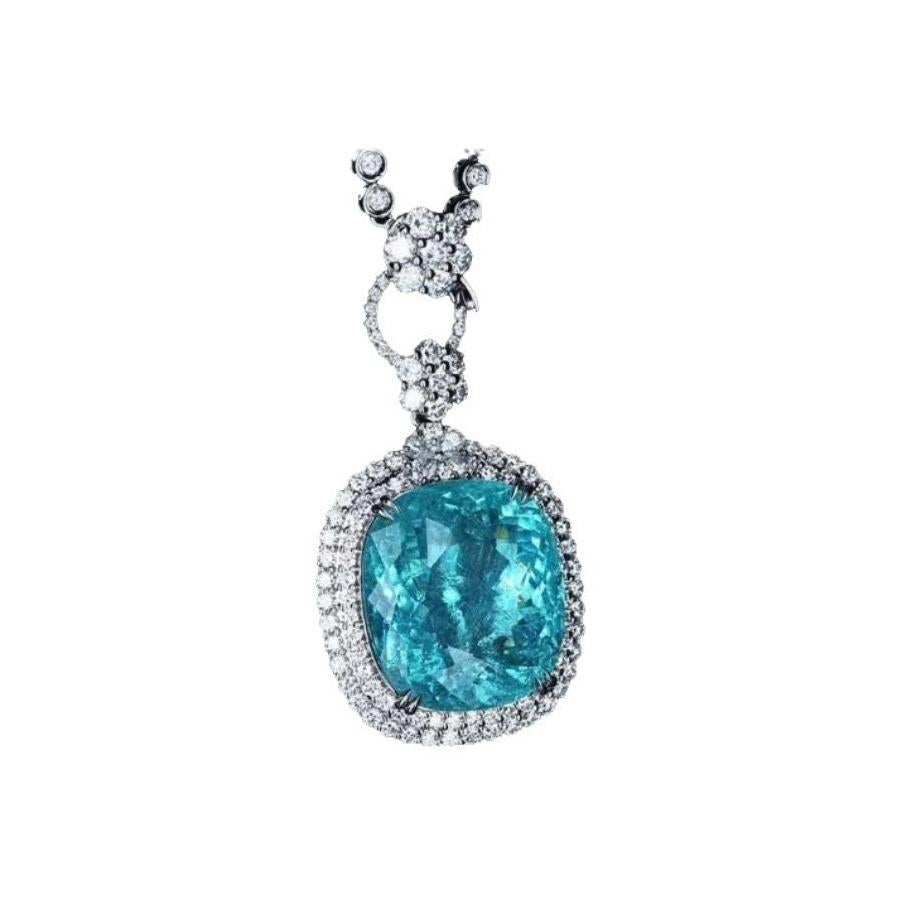 Neon Blue Paraiba Tourmaline Diamond Necklace 18k White Gold For Sale