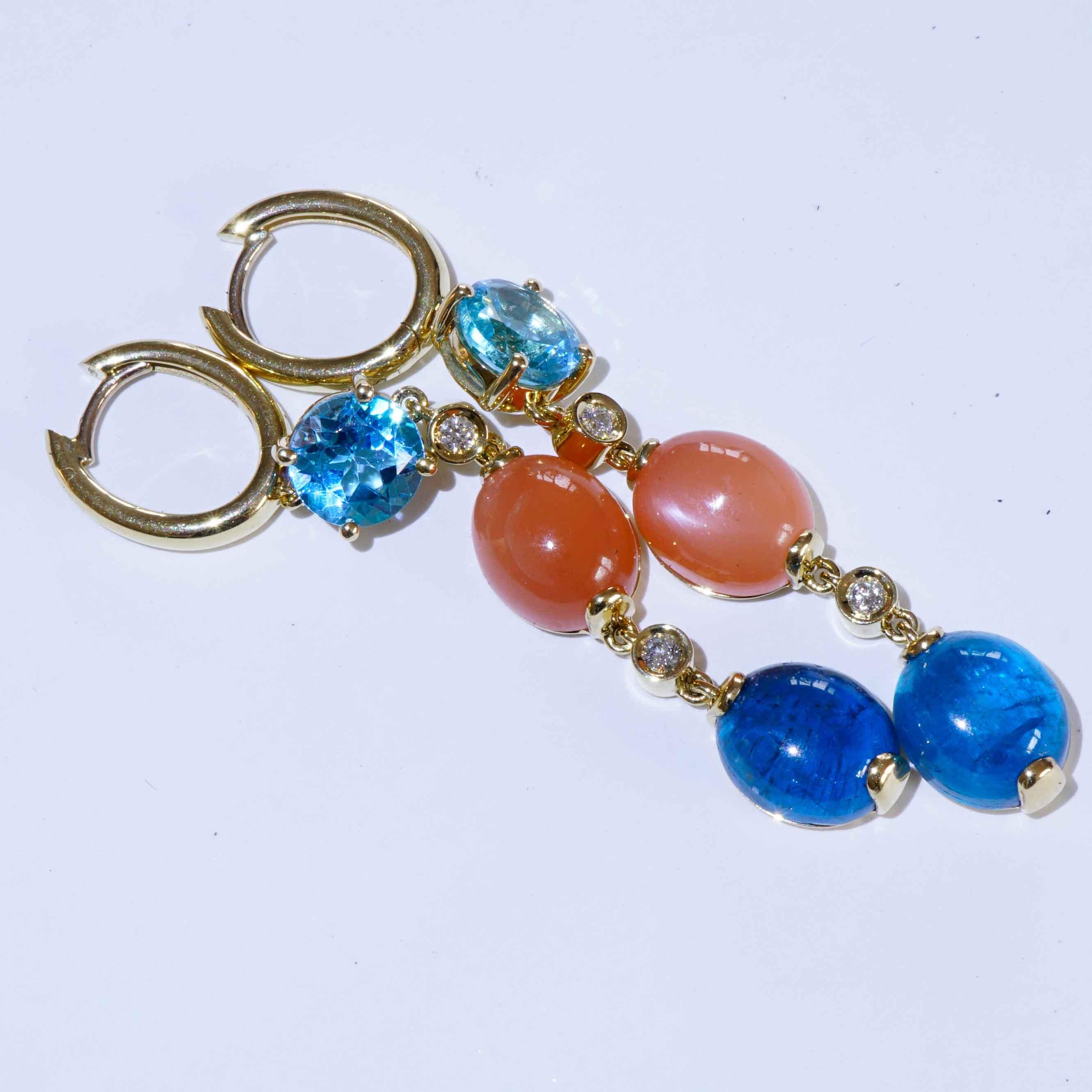 Boucles d'oreilles Apatite Topaze et Pierre de Lune 18 kt Couleur forte Unisexe en vente