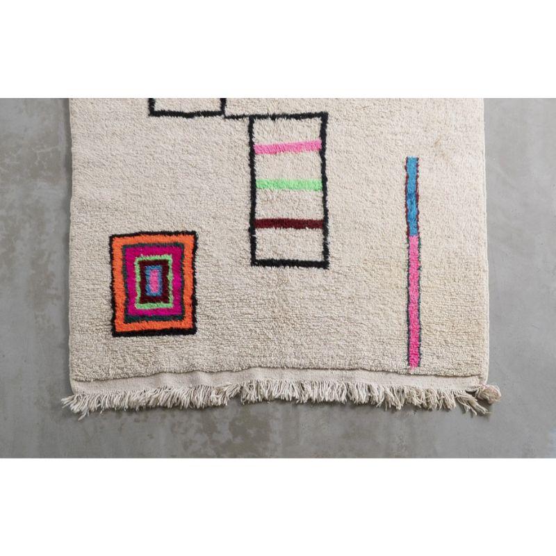 Bohemian White Moroccan Azilal Wool Rug with Abstract Neon Cubist Style