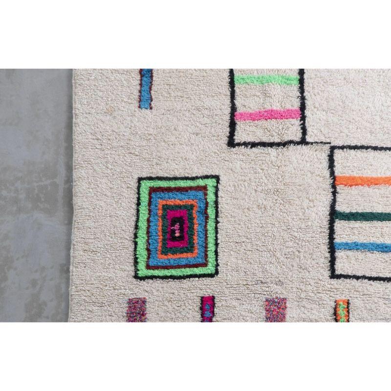 Hand-Woven White Moroccan Azilal Wool Rug with Abstract Neon Cubist Style