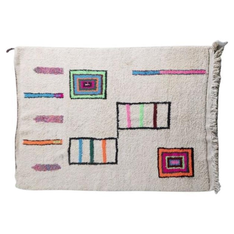 White Moroccan Azilal Wool Rug with Abstract Neon Cubist Style at 1stDibs