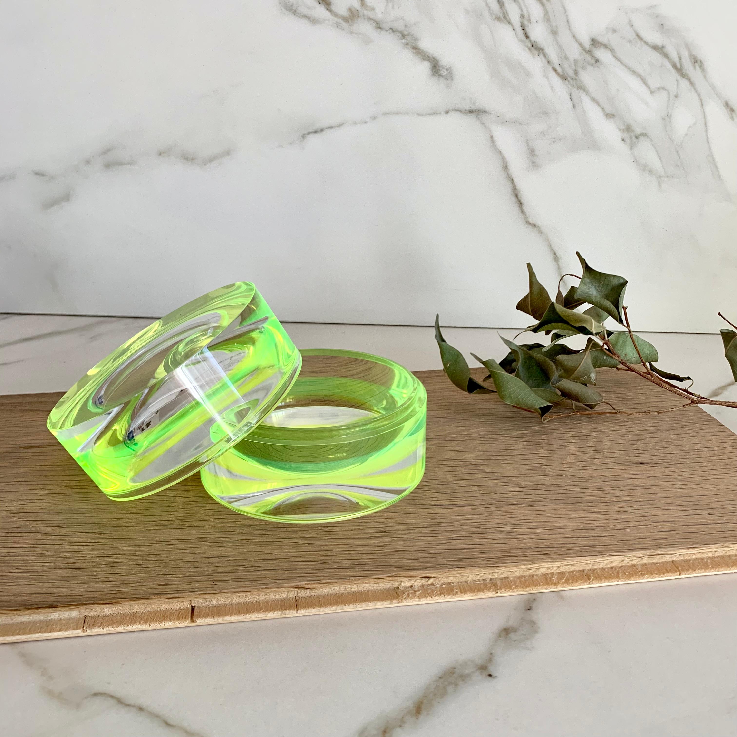 Hand-Crafted Neon Green Acrylic Large Round Box by Paola Valle For Sale