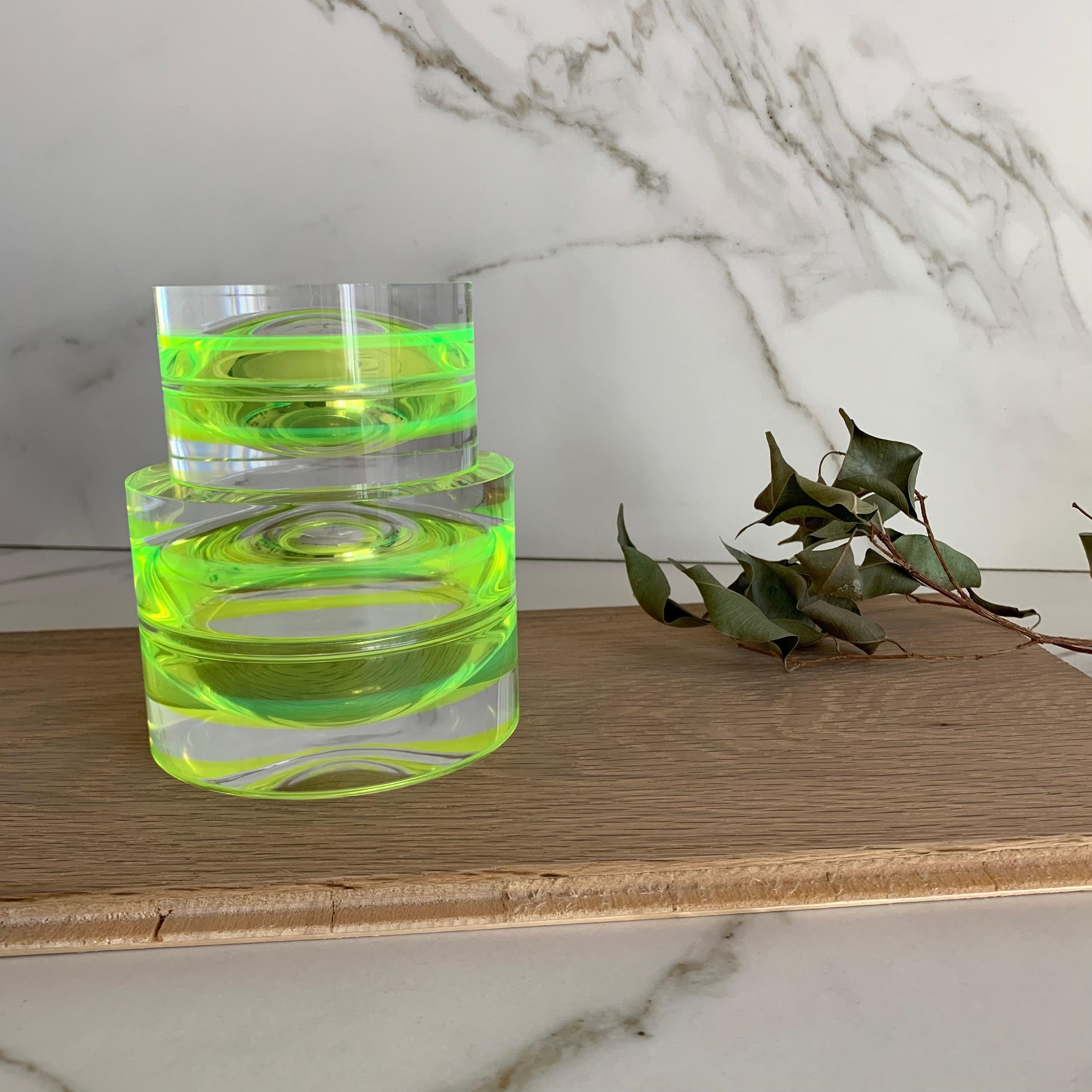 Hand-Crafted Neon Green Acrylic Small Round Box by Paola Valle For Sale