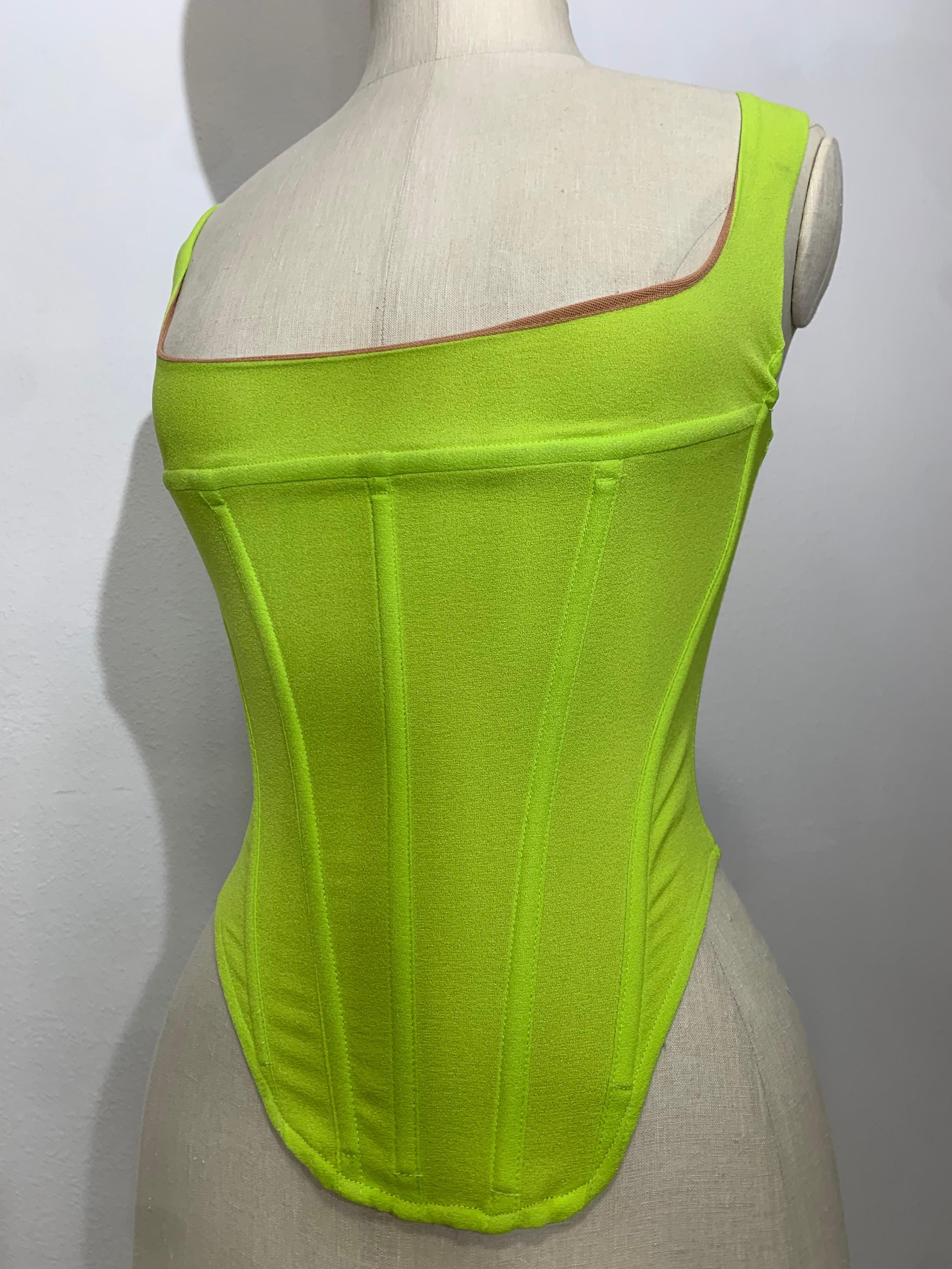 Neongrünes, elastisches Mesh-Korsett mit Boning- und vollem Reißverschluss aus Netzstoff Damen im Angebot