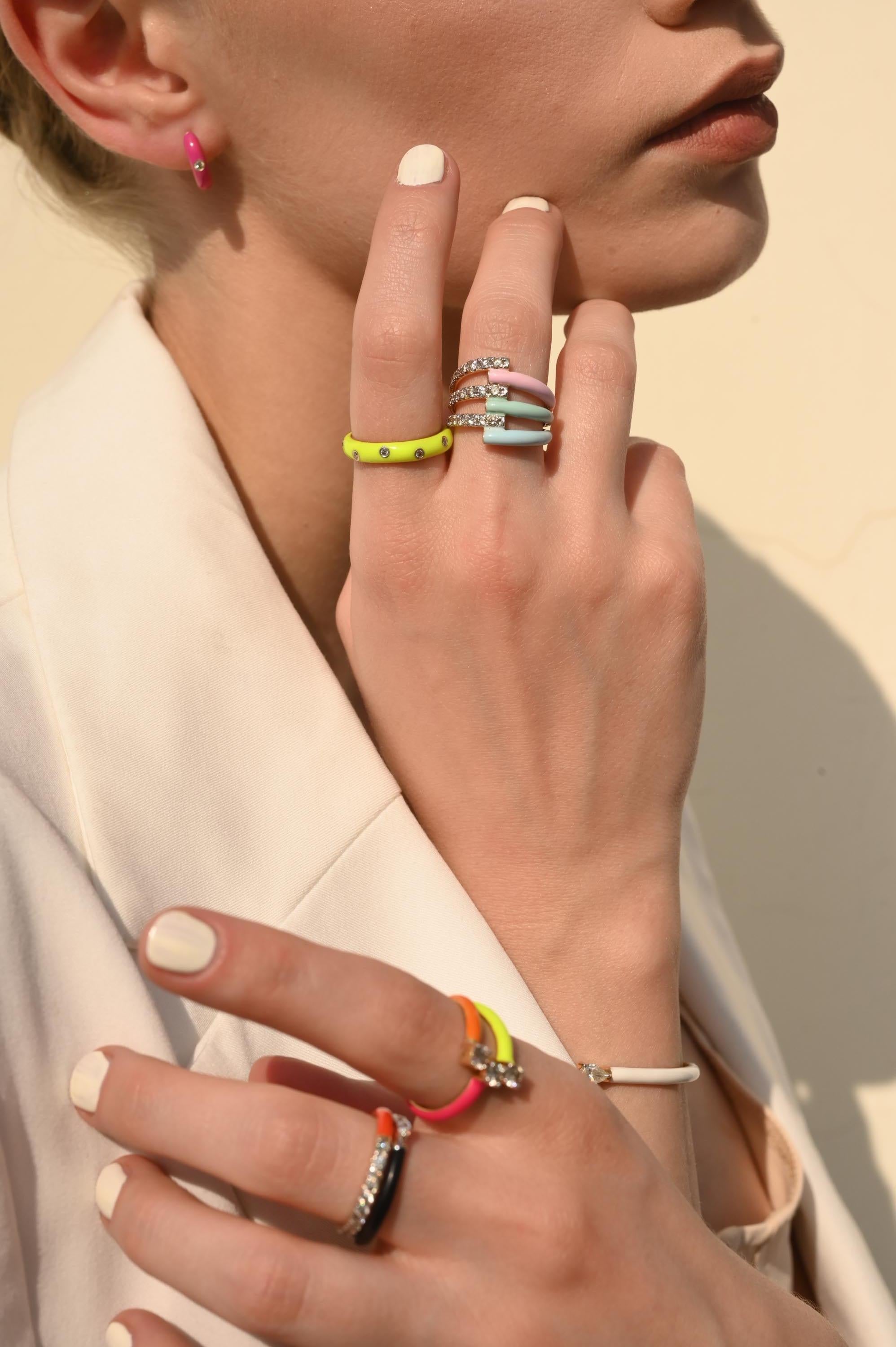 For Sale:  Neon Enamel Diamond Ring Solid 14 Karat Yellow Gold Stacking Band Ring 11
