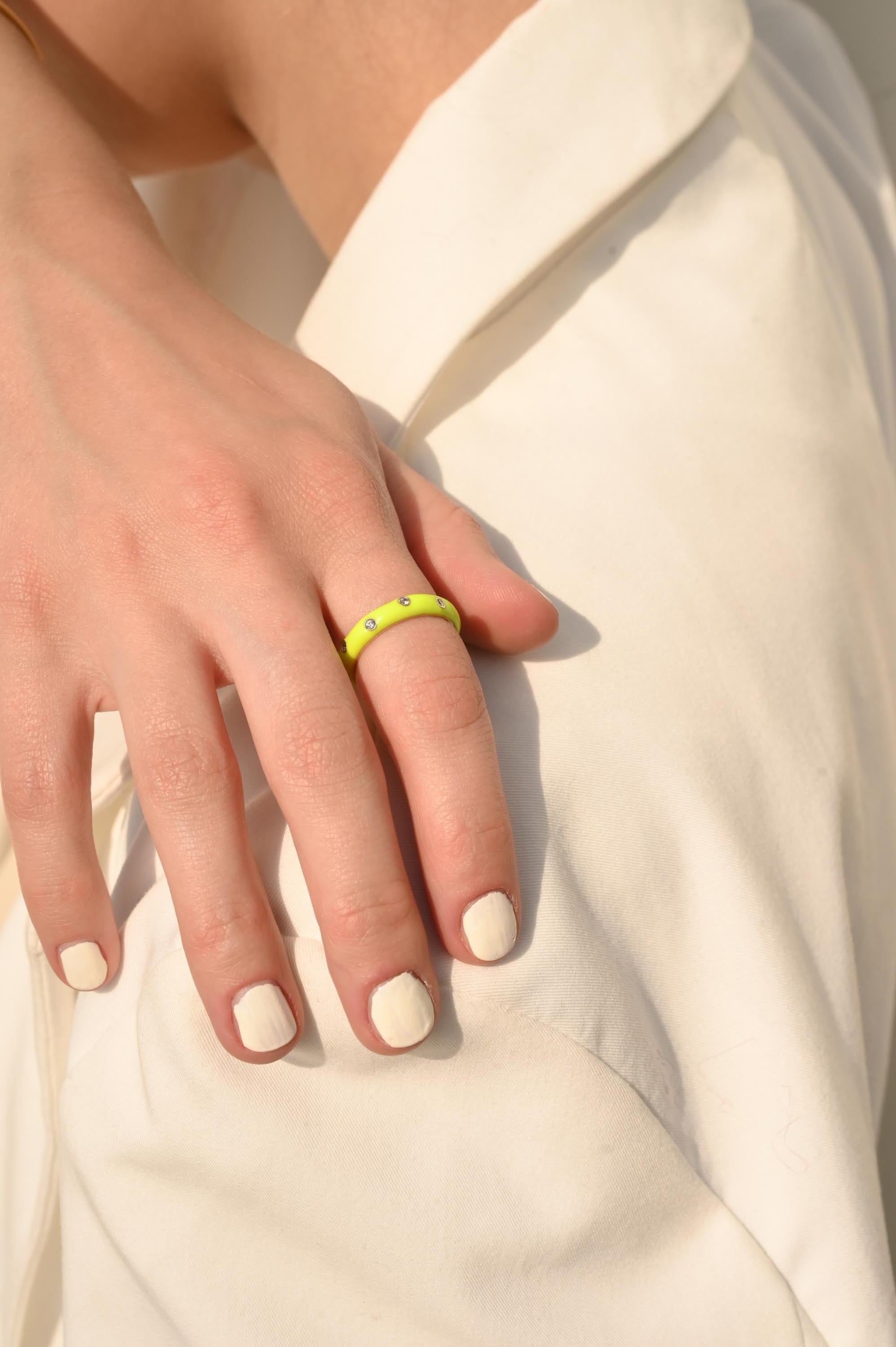 For Sale:  Neon Enamel Diamond Ring Solid 14 Karat Yellow Gold Stacking Band Ring 2