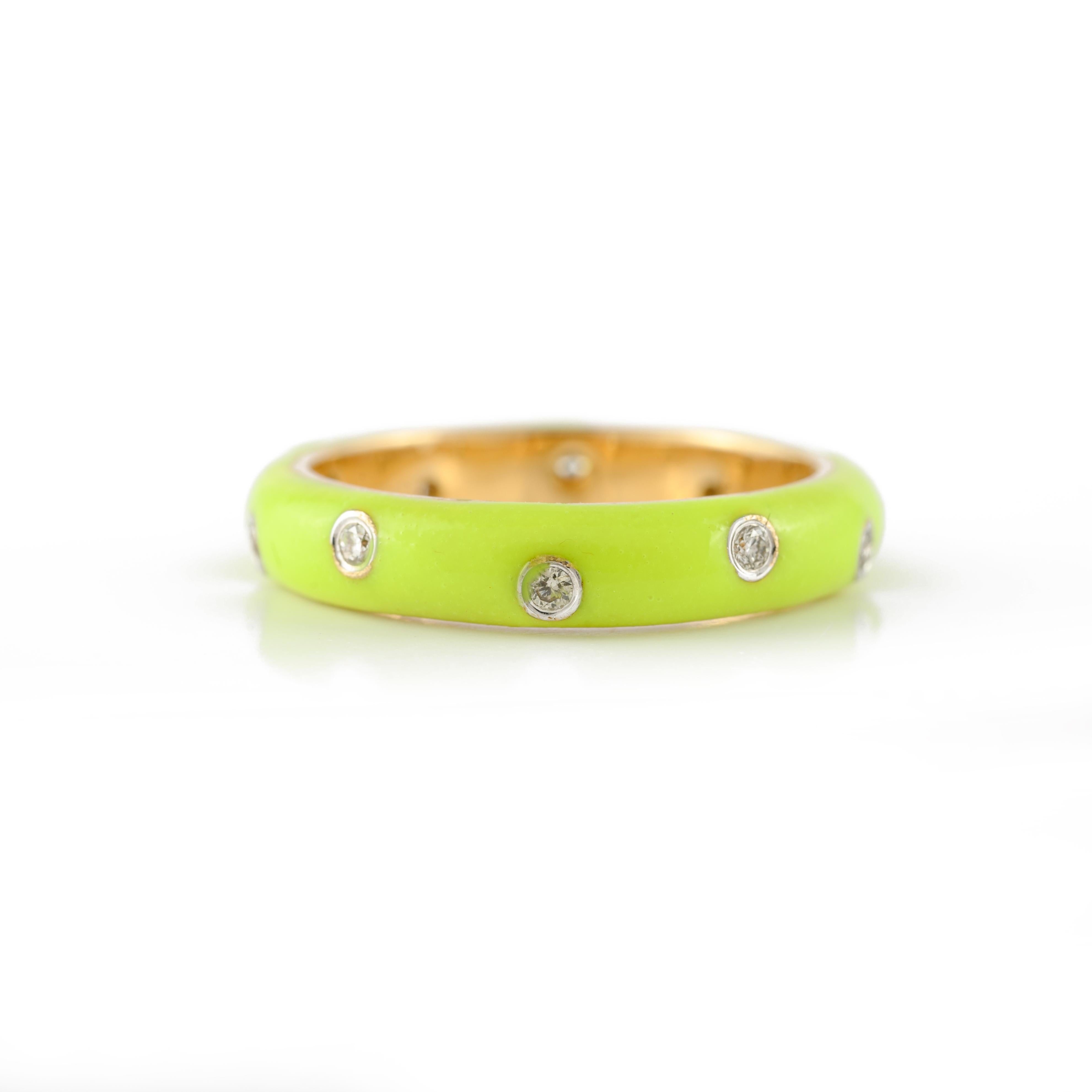 For Sale:  Neon Enamel Diamond Ring Solid 14 Karat Yellow Gold Stacking Band Ring 4