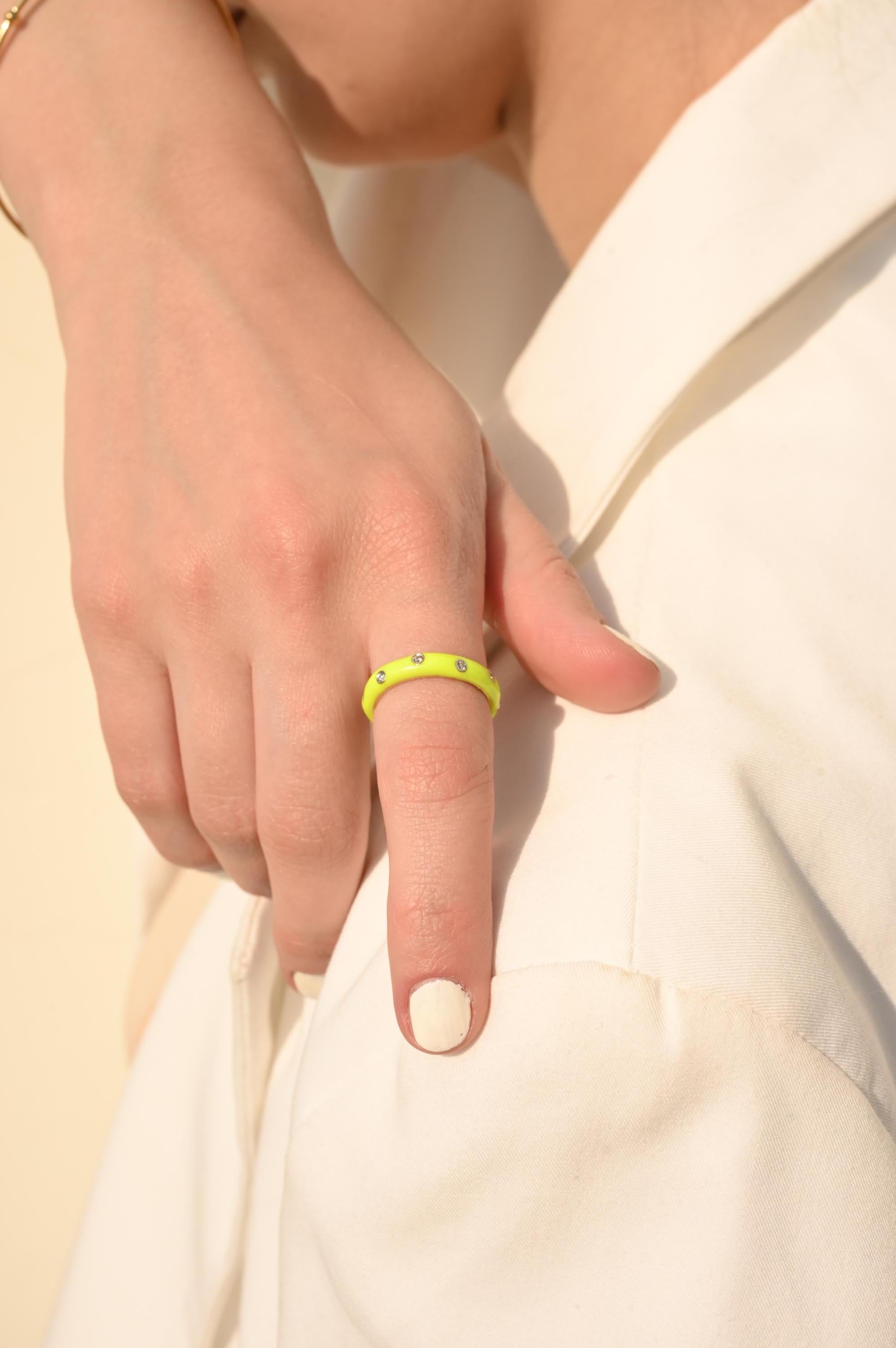 For Sale:  Neon Enamel Diamond Ring Solid 14 Karat Yellow Gold Stacking Band Ring 5