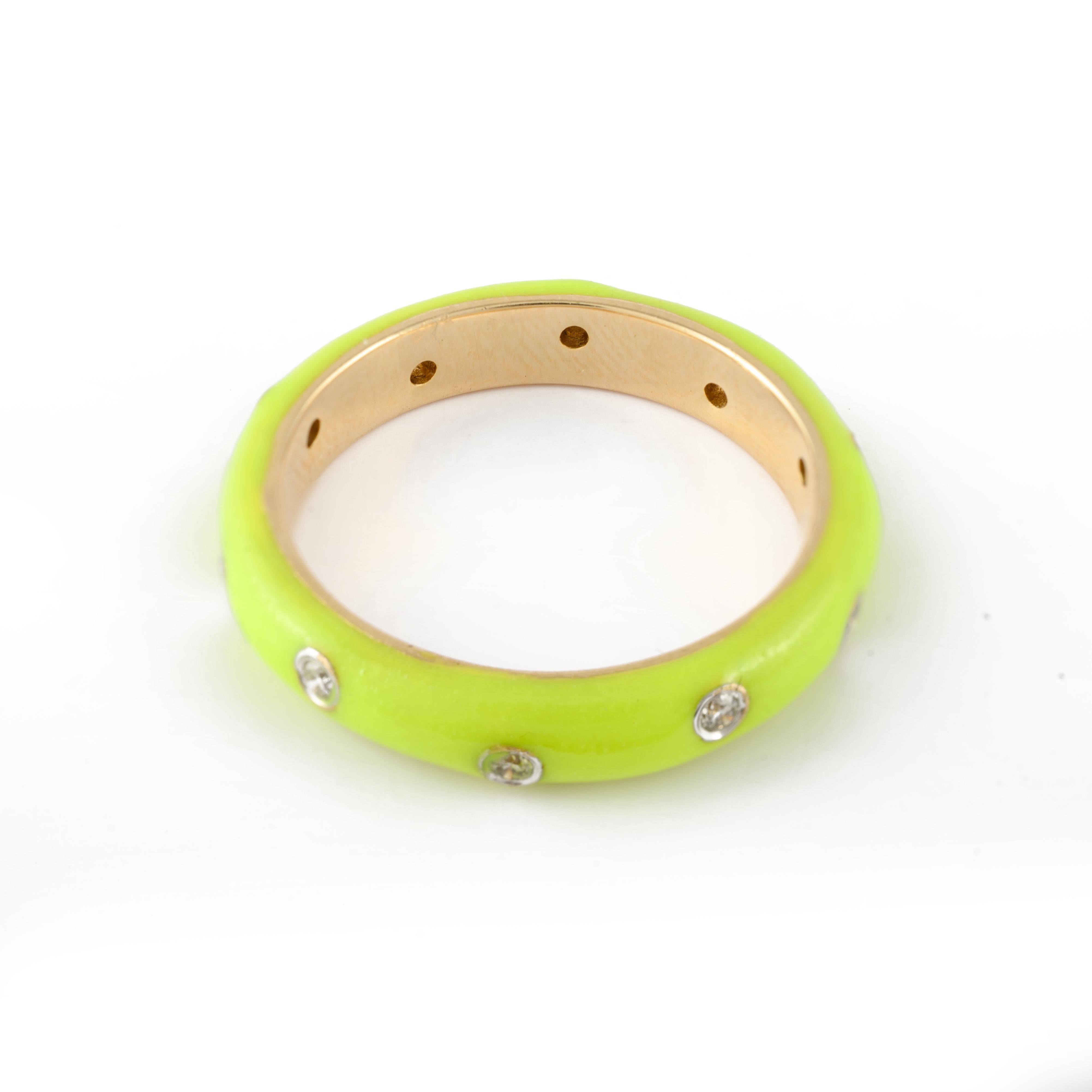 For Sale:  Neon Enamel Diamond Ring Solid 14 Karat Yellow Gold Stacking Band Ring 7