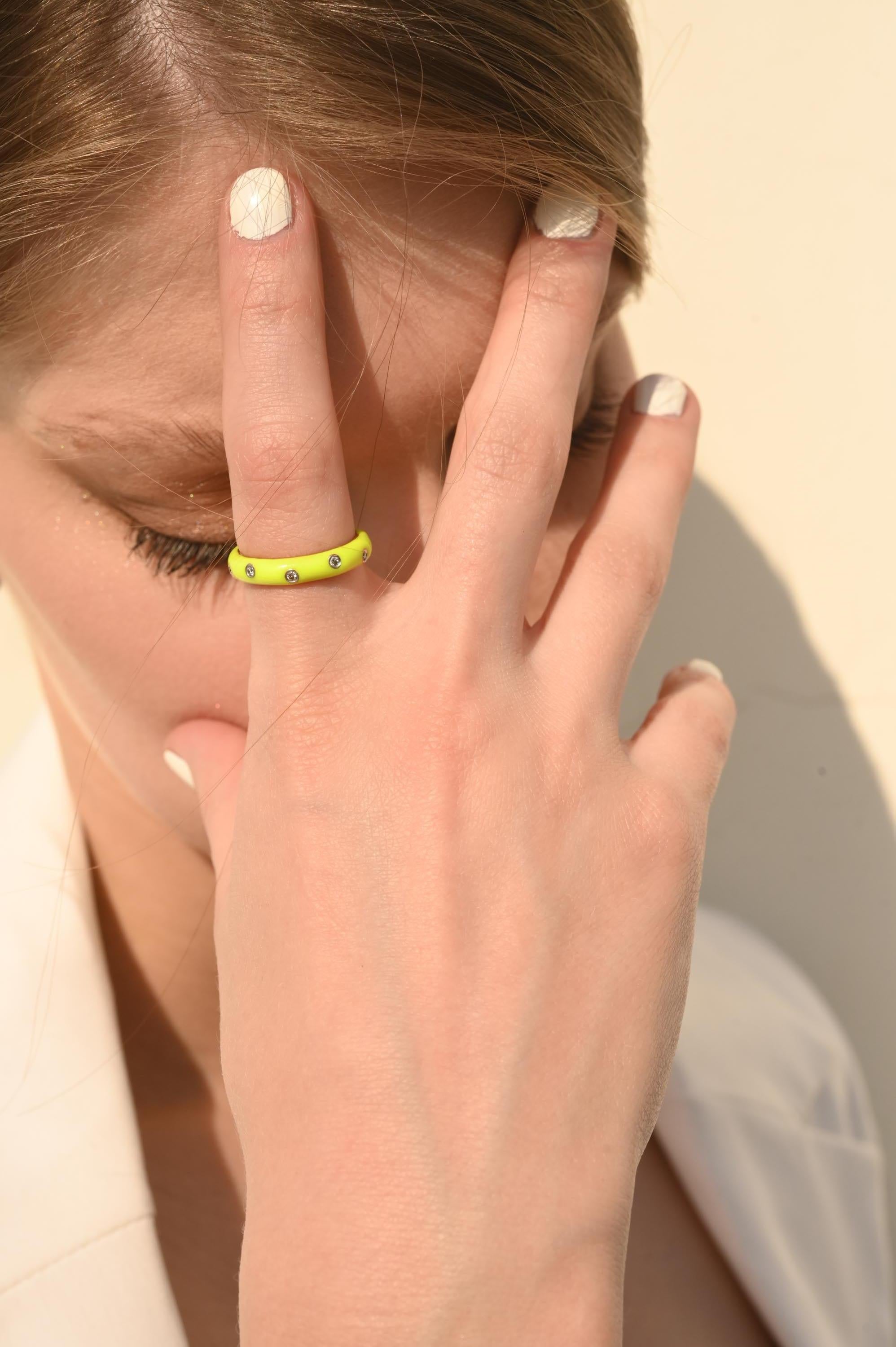 For Sale:  Neon Enamel Diamond Ring Solid 14 Karat Yellow Gold Stacking Band Ring 8