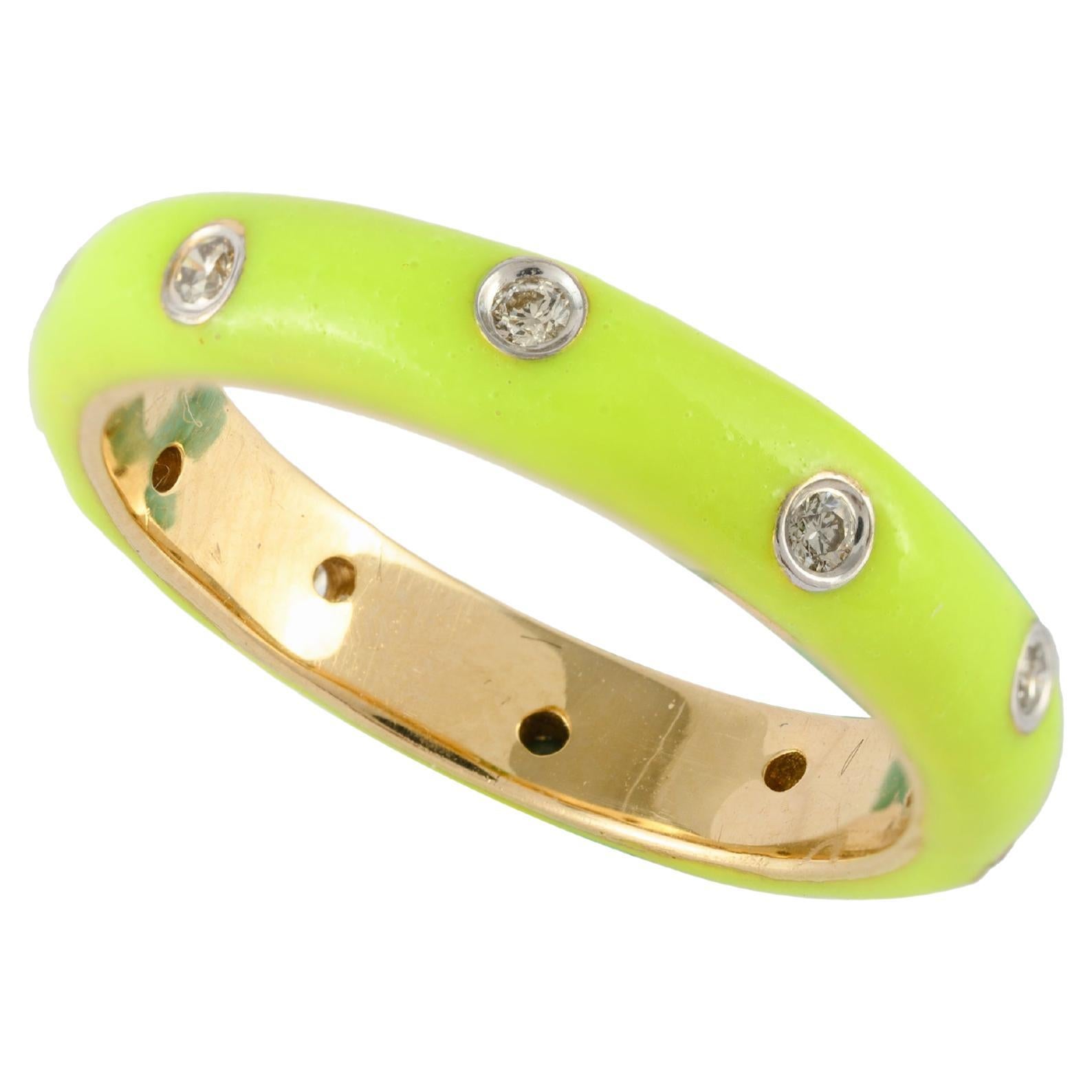 Neon Enamel Diamond Ring Solid 14 Karat Yellow Gold Stacking Band Ring