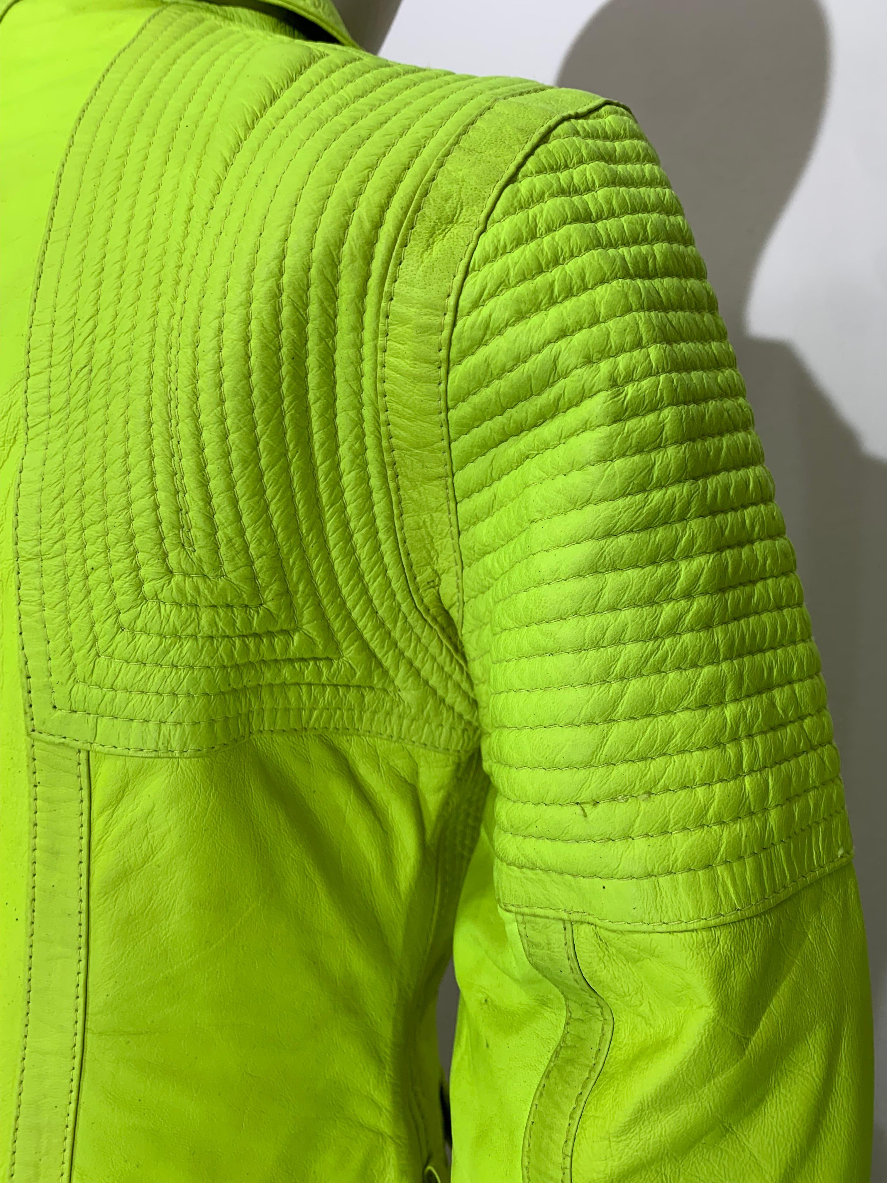 Neon Green Leather Cropped Motorcycle-Style Jacket w Quilted Shoulders & Zippers For Sale 6