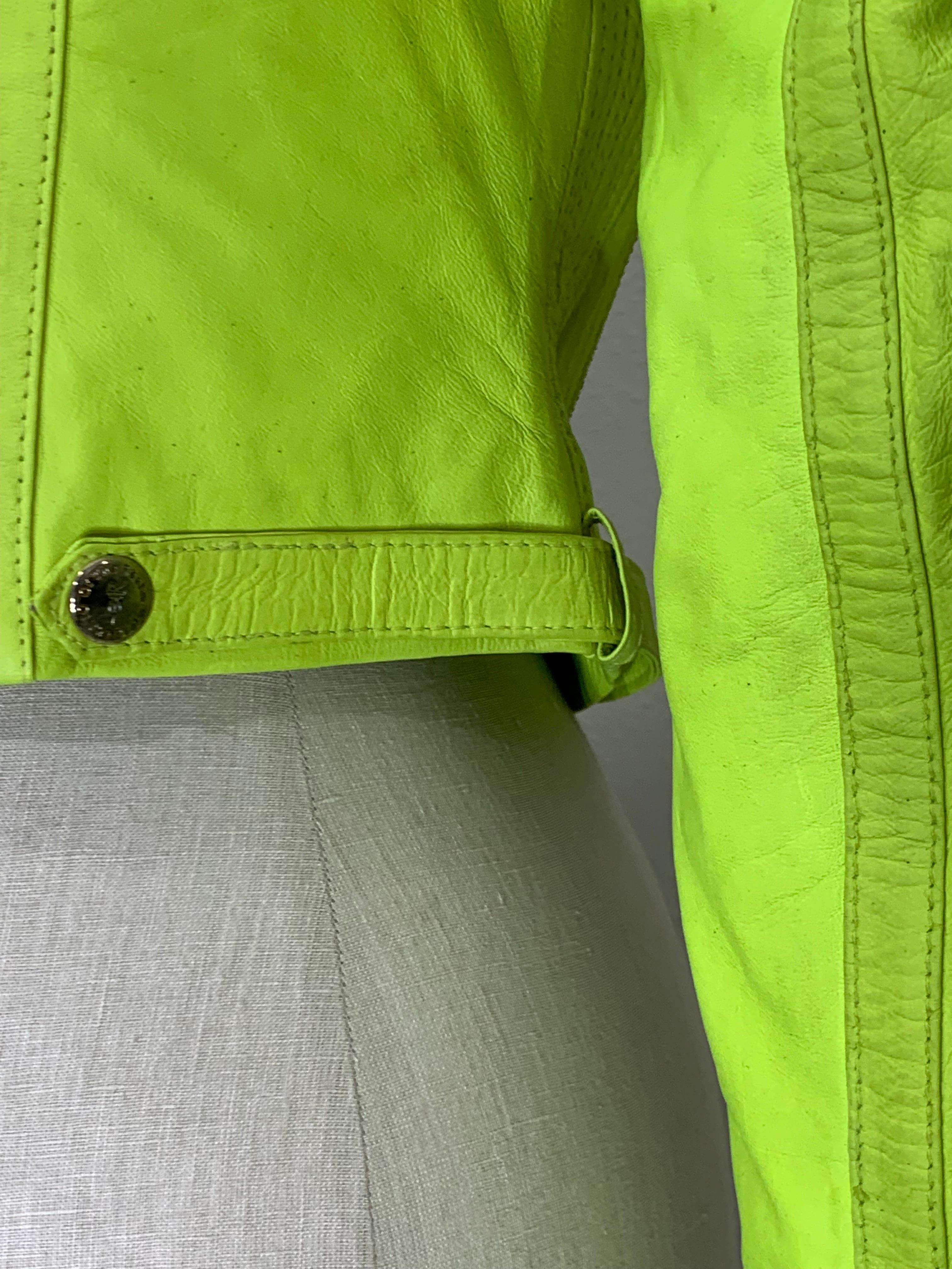 Neon Green Leather Cropped Motorcycle-Style Jacket w Quilted Shoulders & Zippers For Sale 7
