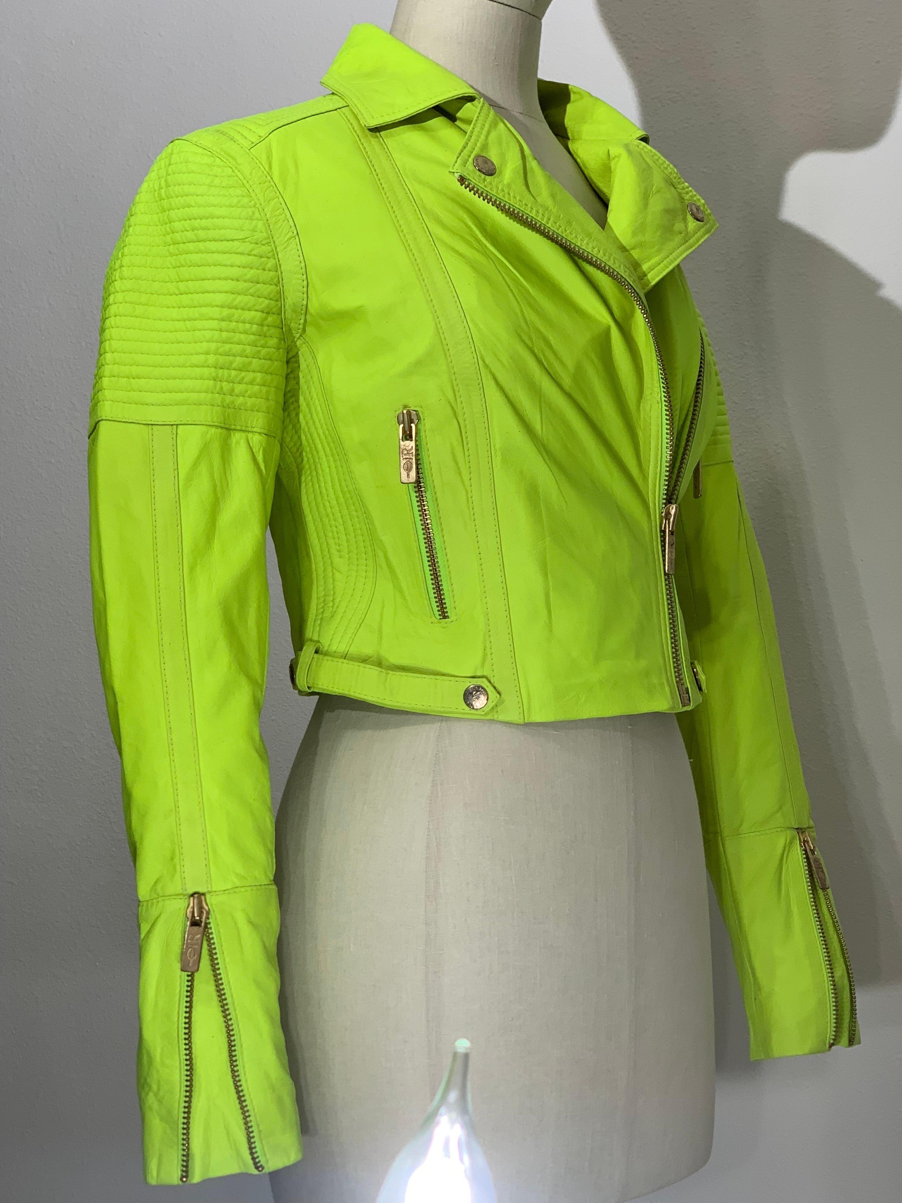 Neon Green Leather Cropped Motorcycle-Style Jacket w Quilted Shoulders & Zippers For Sale 8