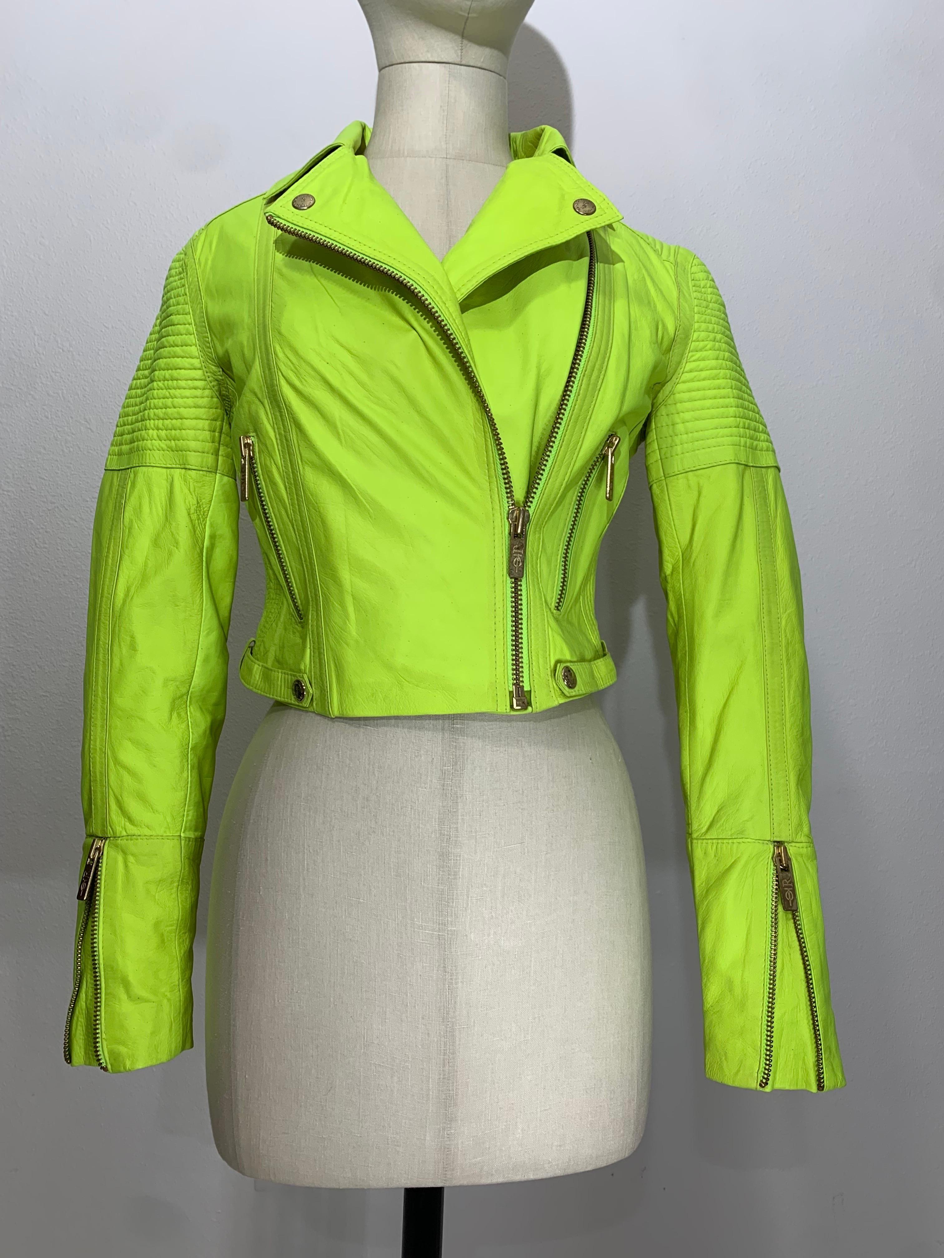 Neon Green Leather Cropped Motorcycle-Style Jacket w Quilted Shoulders & Zippers In New Condition For Sale In Gresham, OR