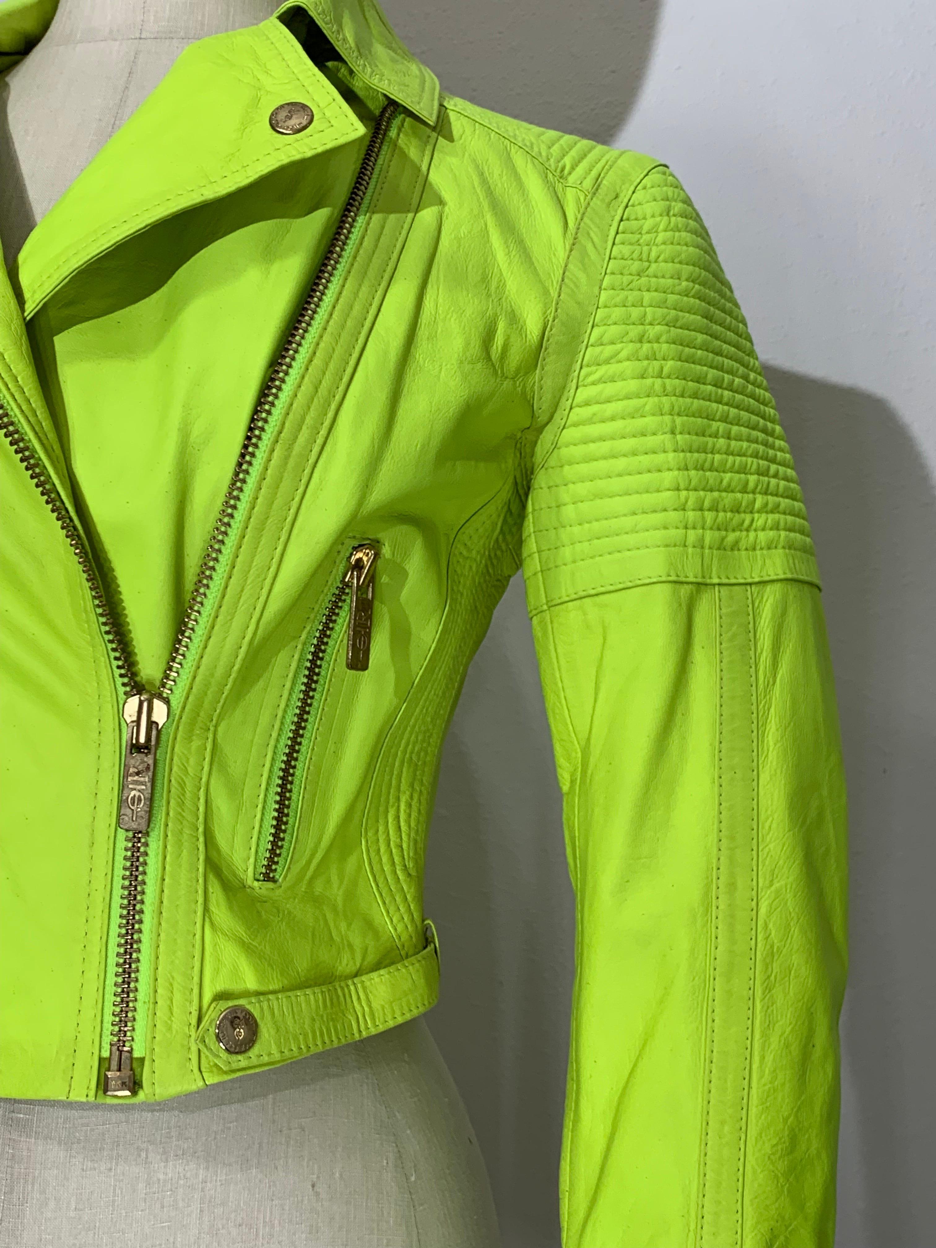 Women's Neon Green Leather Cropped Motorcycle-Style Jacket w Quilted Shoulders & Zippers For Sale