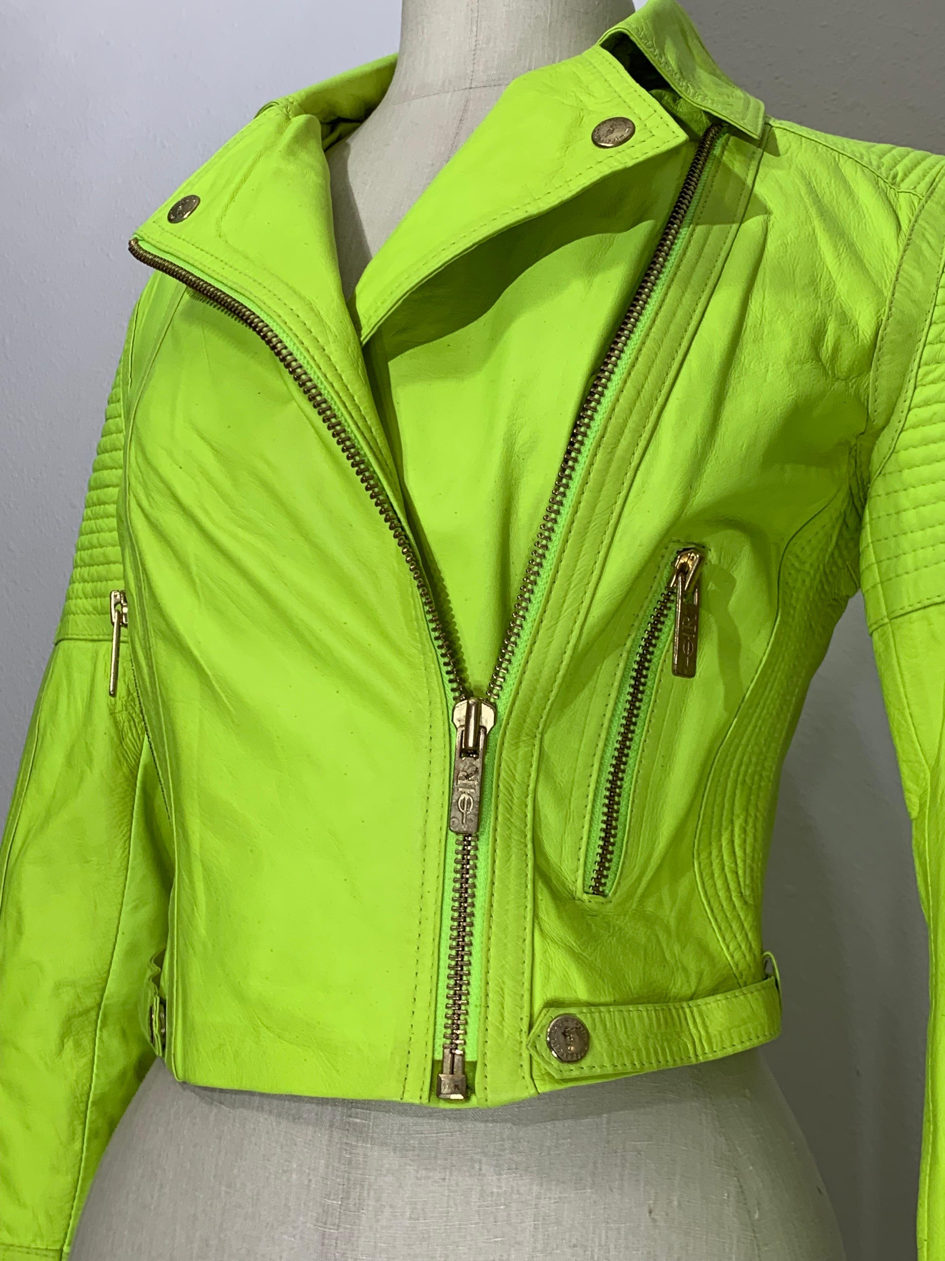 Neon Green Leather Cropped Motorcycle-Style Jacket w Quilted Shoulders & Zippers For Sale 1