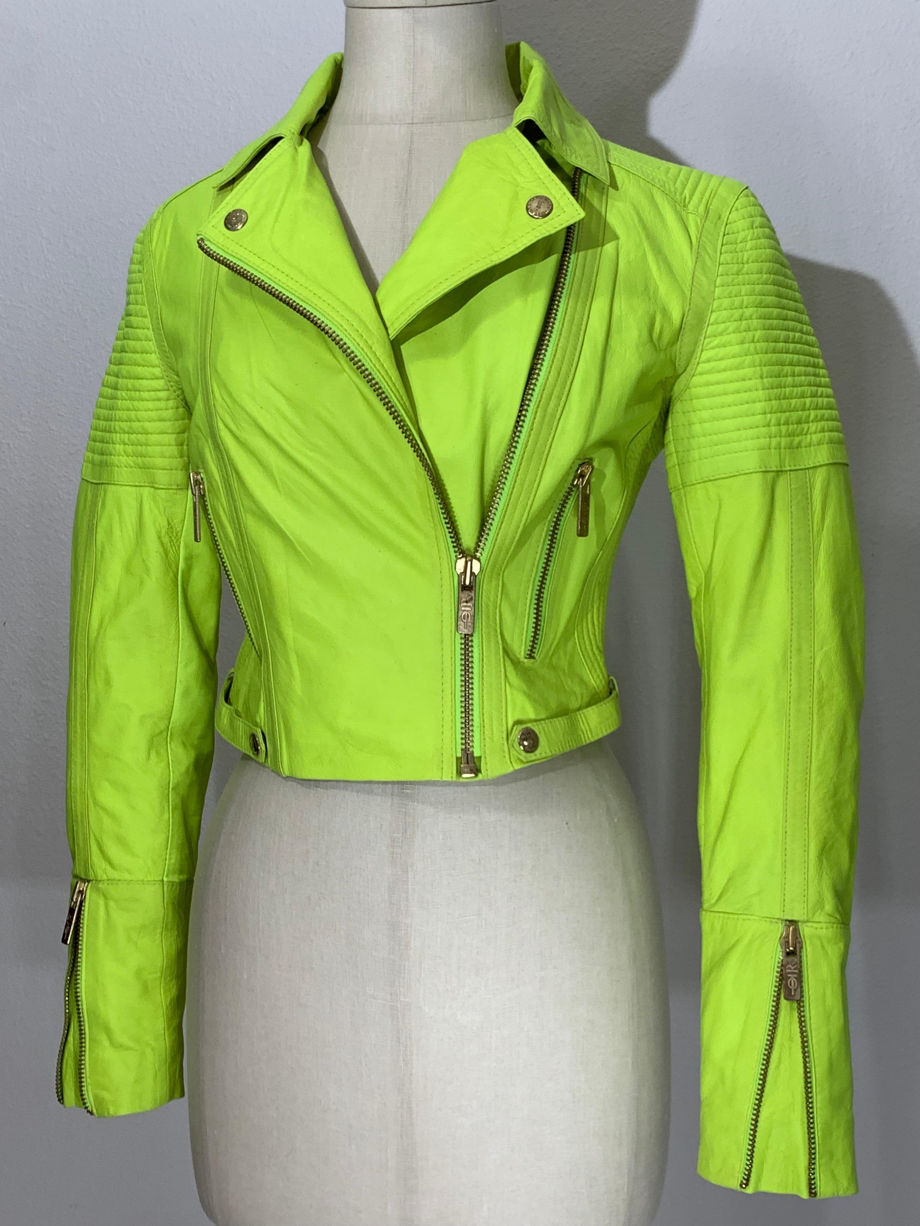 Neon Green Leather Cropped Motorcycle-Style Jacket w Quilted Shoulders & Zippers For Sale 2