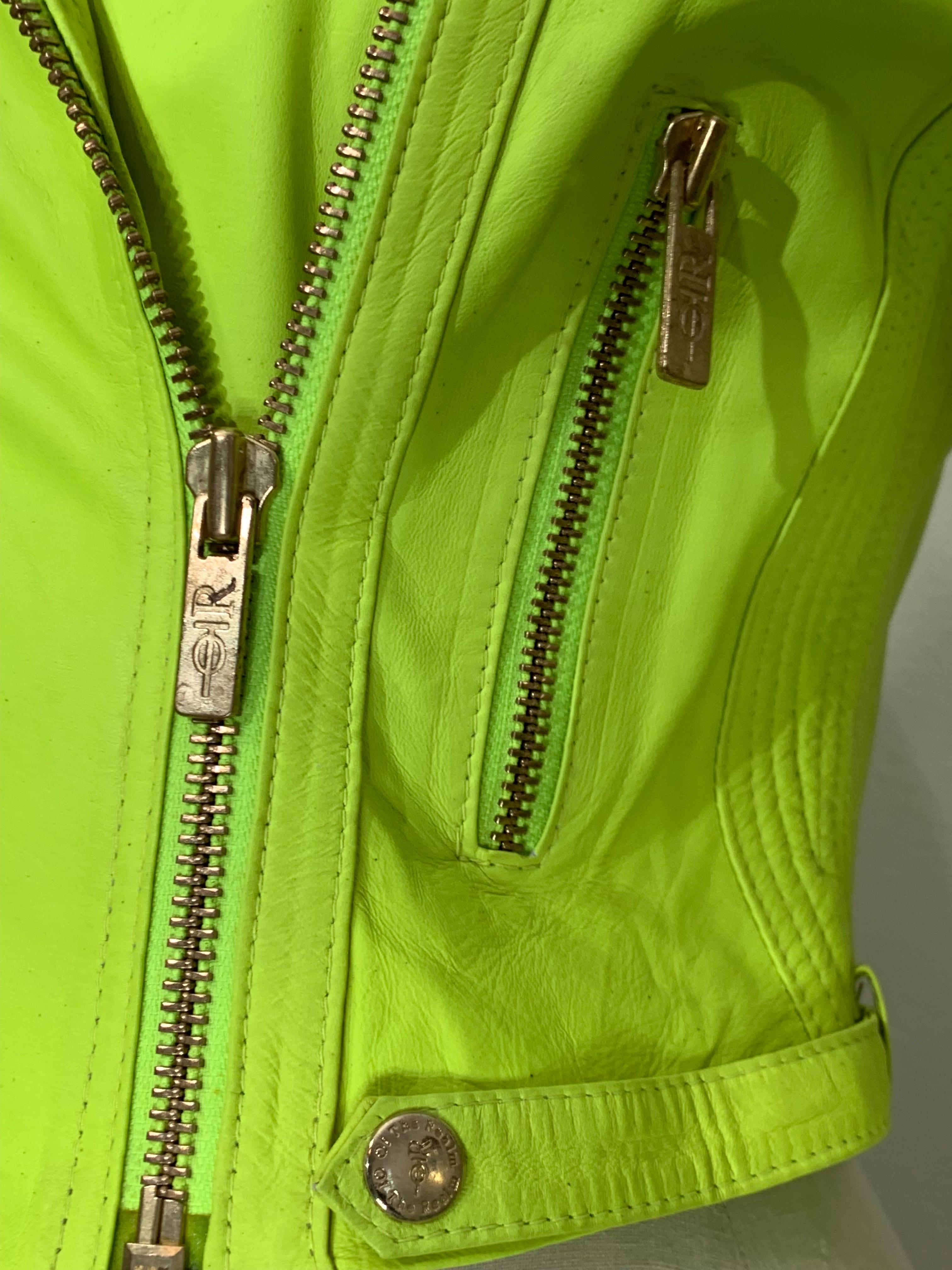 Neon Green Leather Cropped Motorcycle-Style Jacket w Quilted Shoulders & Zippers For Sale 3