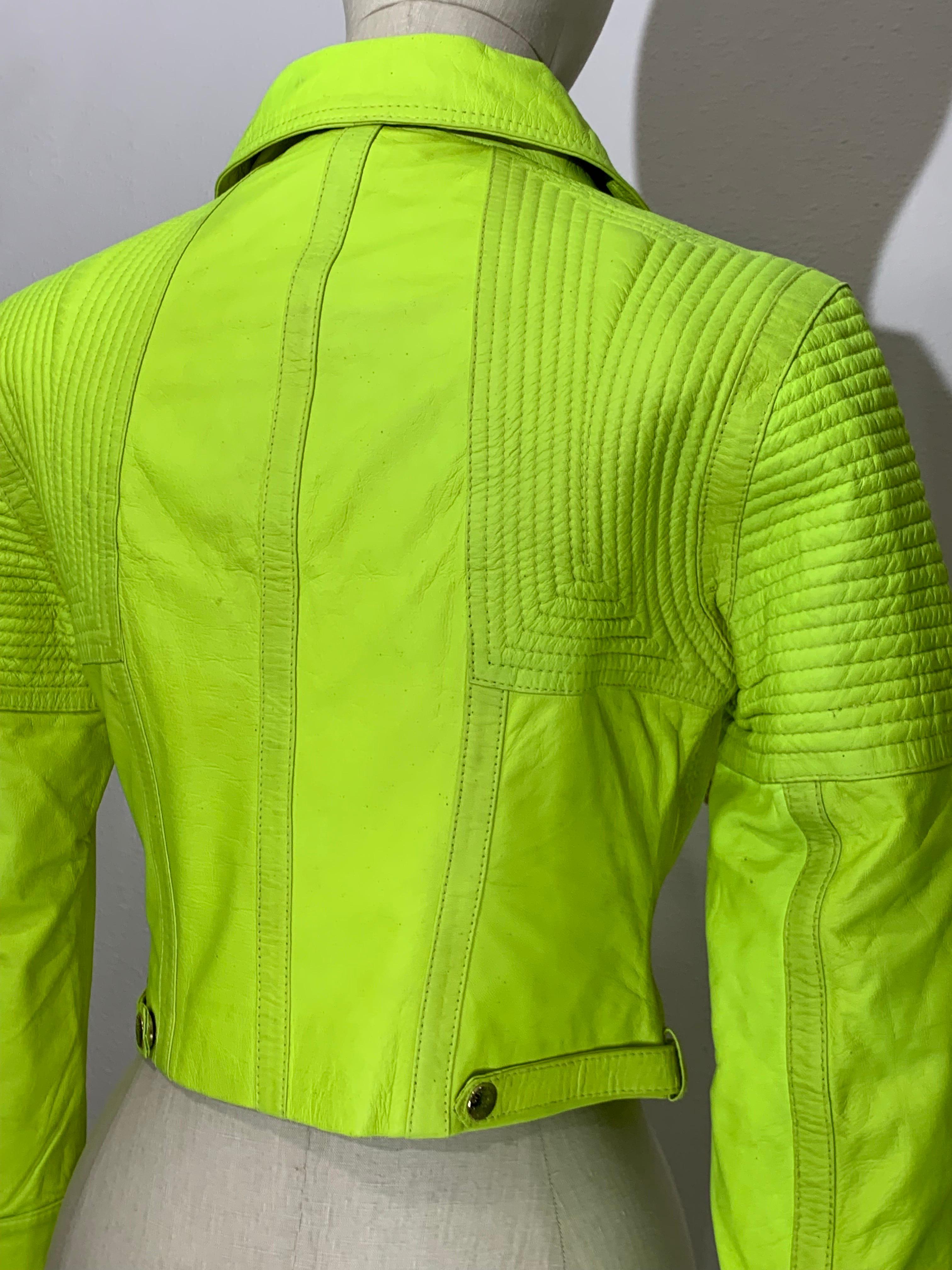 Neon Green Leather Cropped Motorcycle-Style Jacket w Quilted Shoulders & Zippers For Sale 5