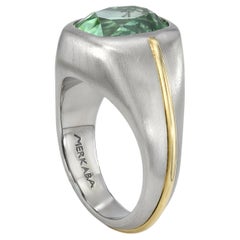 3.46 Carat Neon Green Tourmaline Cushion Platinum and 18K Gold Unisex Ring