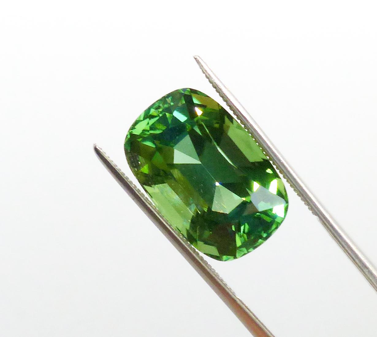 Cushion Cut Neon Green Tourmaline (with hints/flashes of Sky or Mint Blue) - LARGE 11.30cts For Sale