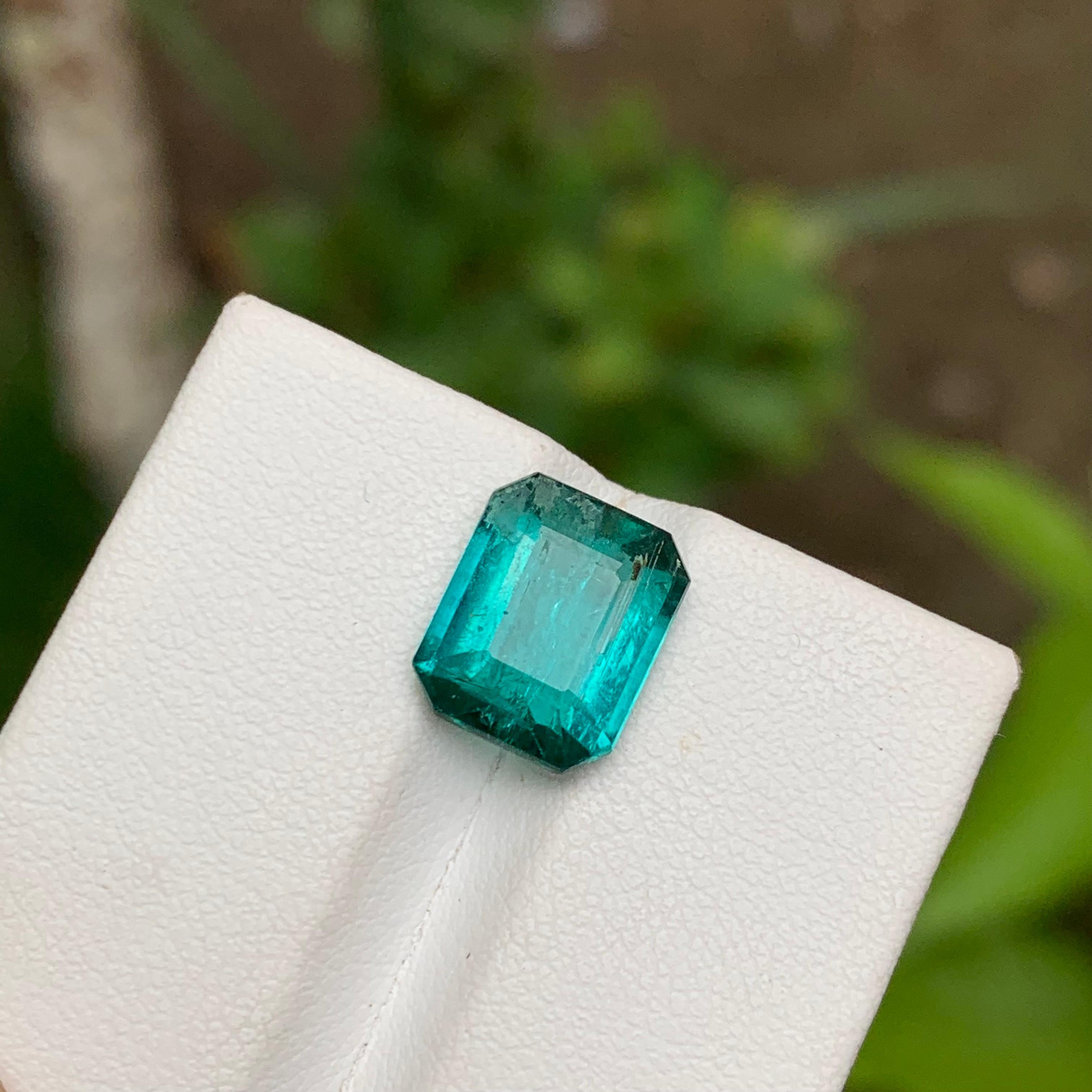 Neon Greenish Hue Blue Natural Tourmaline Gemstone 4 Ct Emerald Cut  Ring Jewel For Sale 5