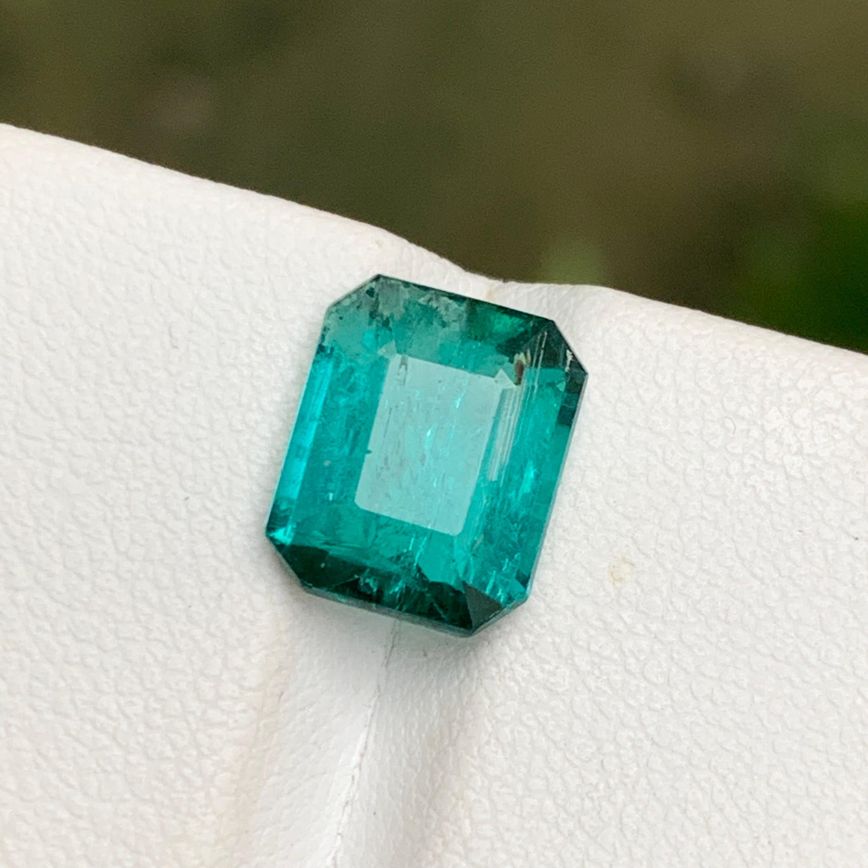 Contemporary Neon Greenish Hue Blue Natural Tourmaline Gemstone 4 Ct Emerald Cut  Ring Jewel For Sale