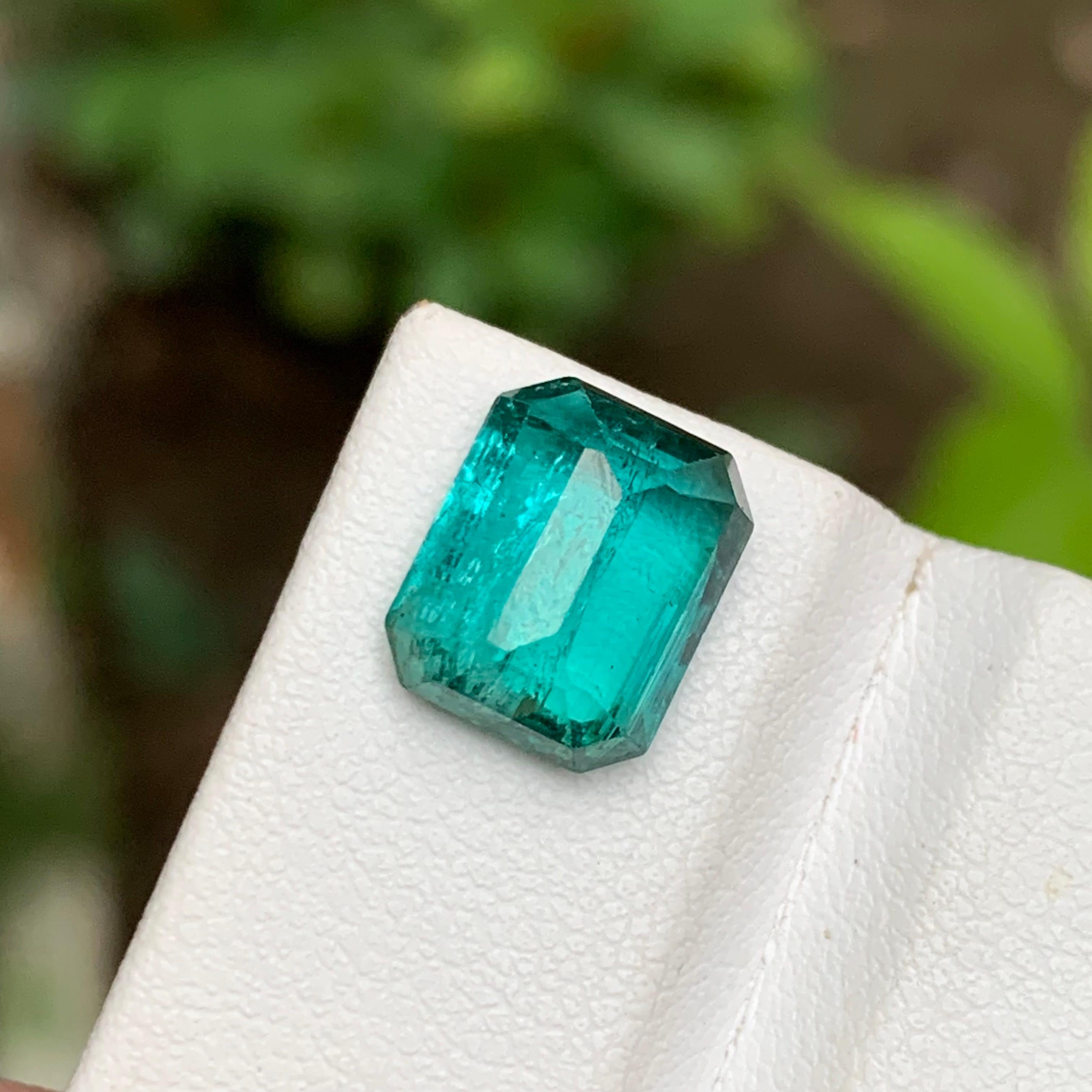 Women's or Men's Neon Greenish Hue Blue Natural Tourmaline Gemstone 4 Ct Emerald Cut  Ring Jewel For Sale