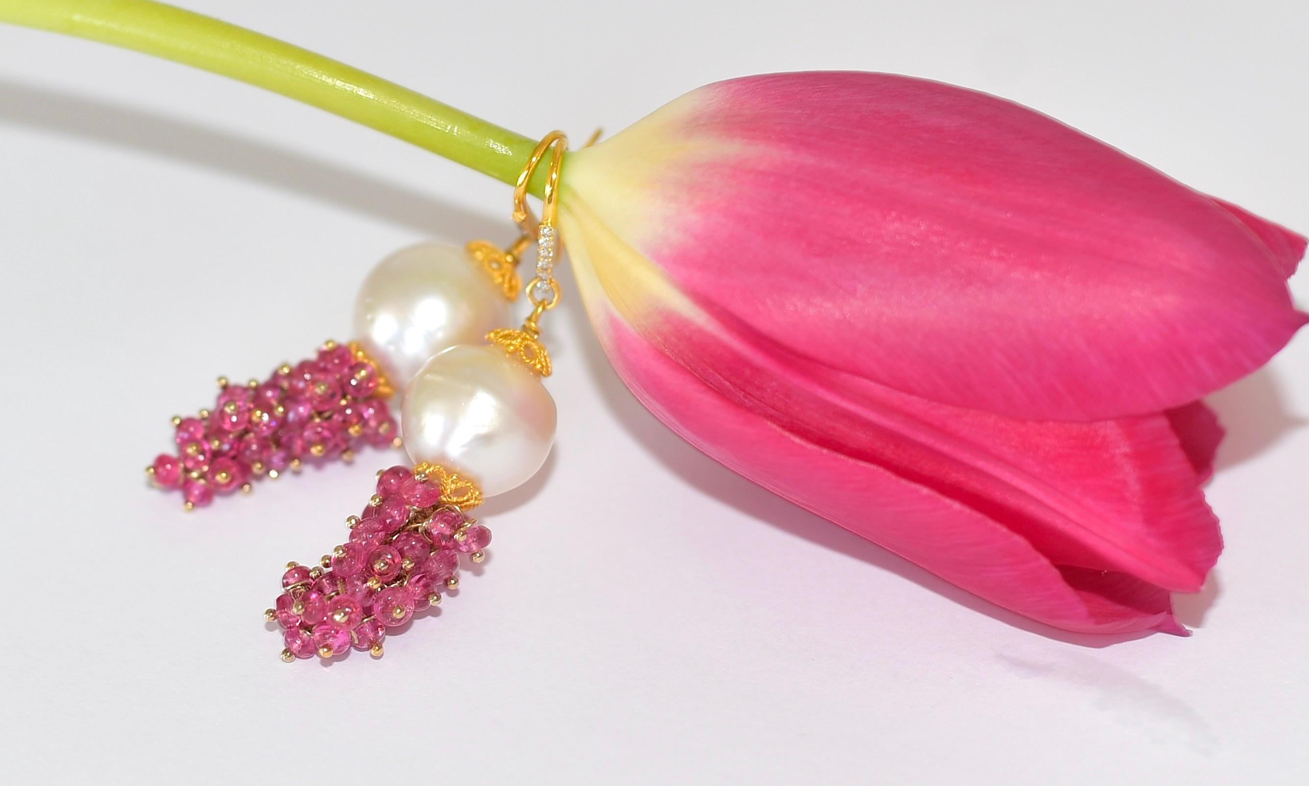 Artisan Neon Hot Pink Burmese Jedi Spinel, South Sea Pearl Earrings in 14K Solid Gold For Sale