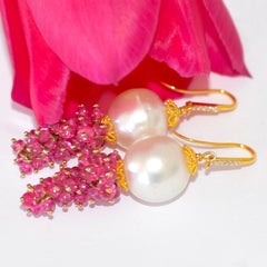 Neon Hot Pink Burmese Jedi Spinel, South Sea Pearl Earrings in 14K Solid Gold