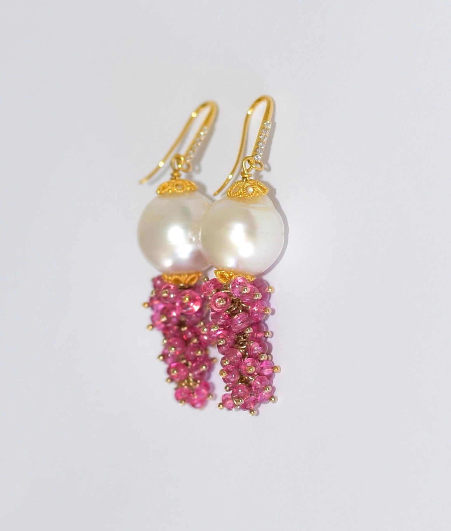 Bead Neon Hot Pink Burmese Jedi Spinel, South Sea Pearl Earrings in 14K Solid Gold For Sale