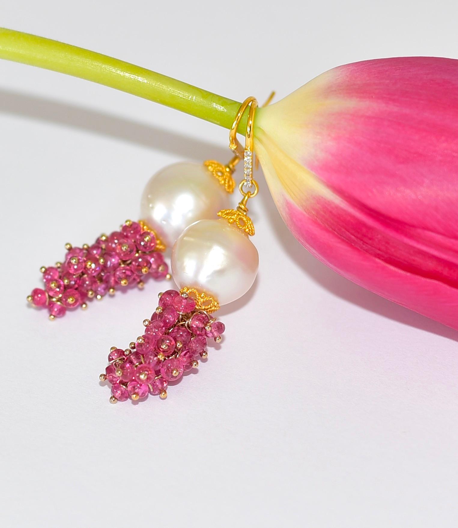Women's Neon Hot Pink Burmese Jedi Spinel, South Sea Pearl Earrings in 14K Solid Gold For Sale