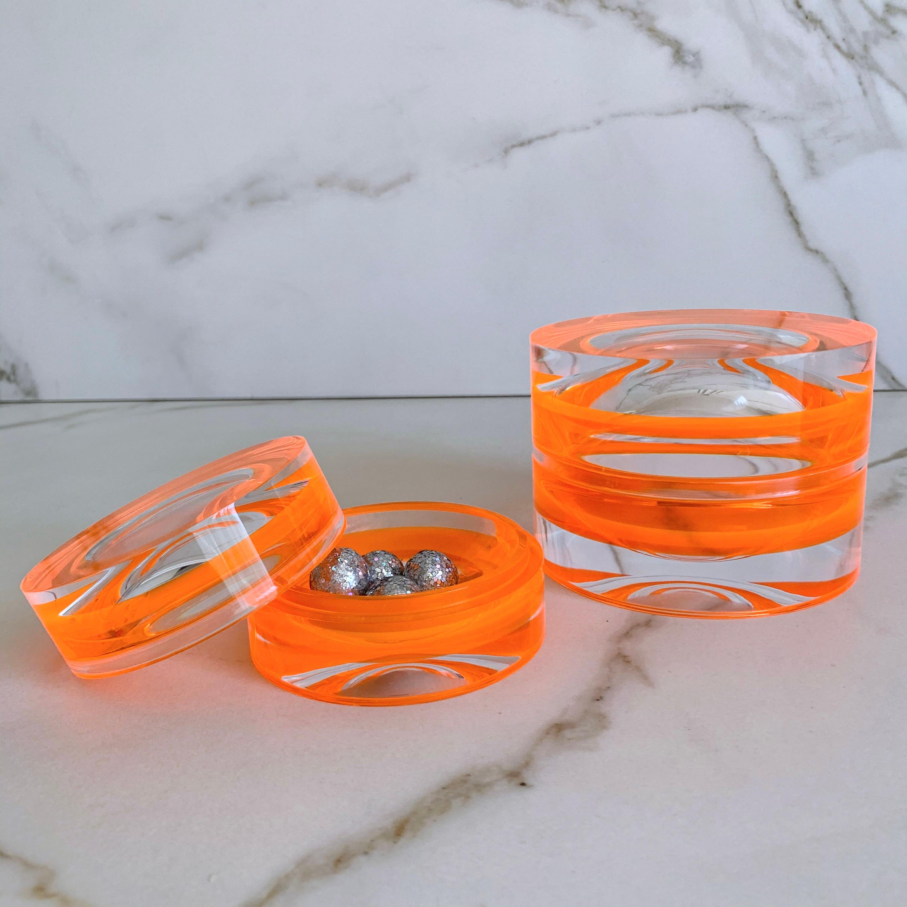 Hand-Crafted Neon Orange Acrylic Large Round Box by Paola Valle For Sale
