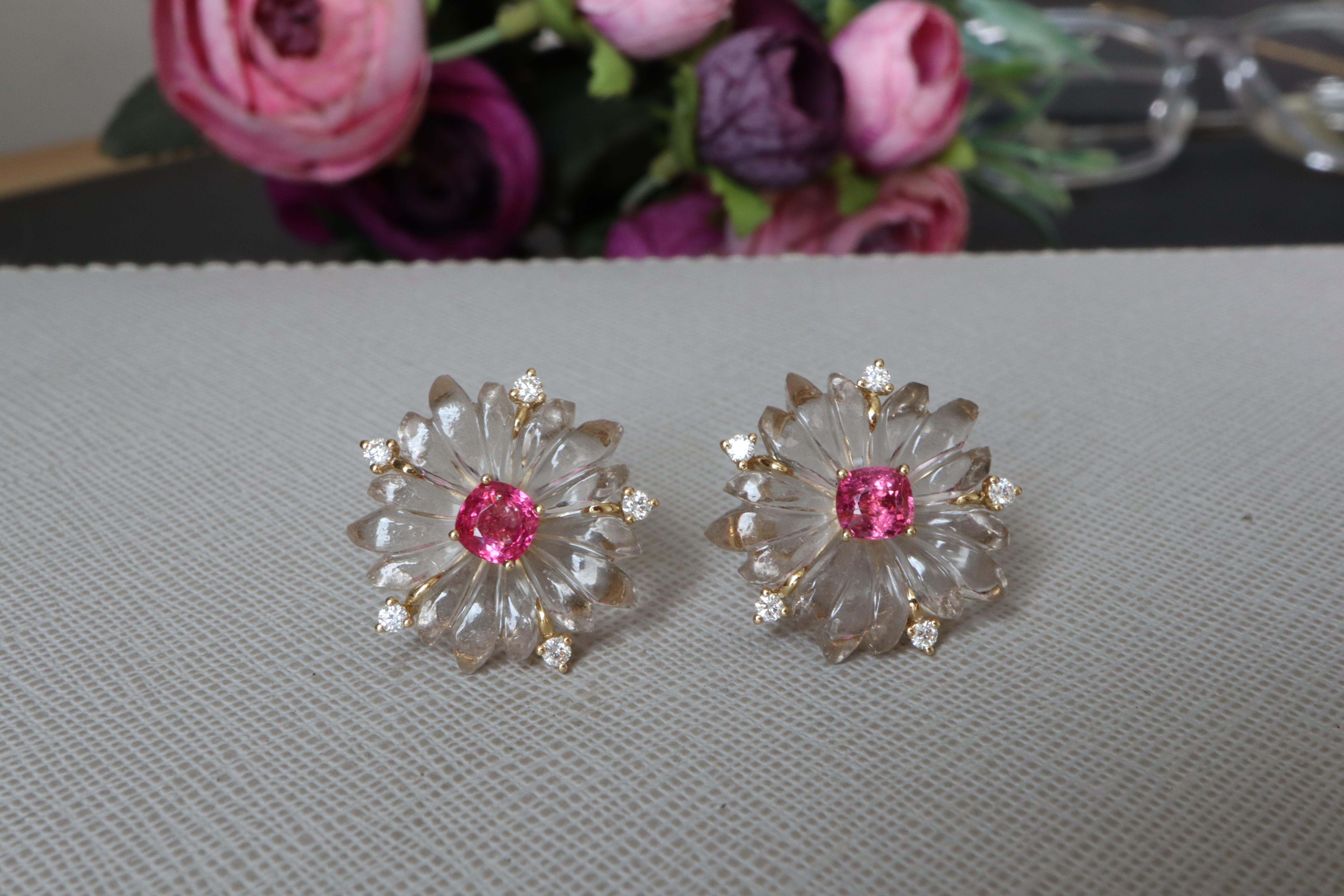 Artisan Neon Pink spinel, Diamonds and Natural rose quartz Drop Earring For Sale