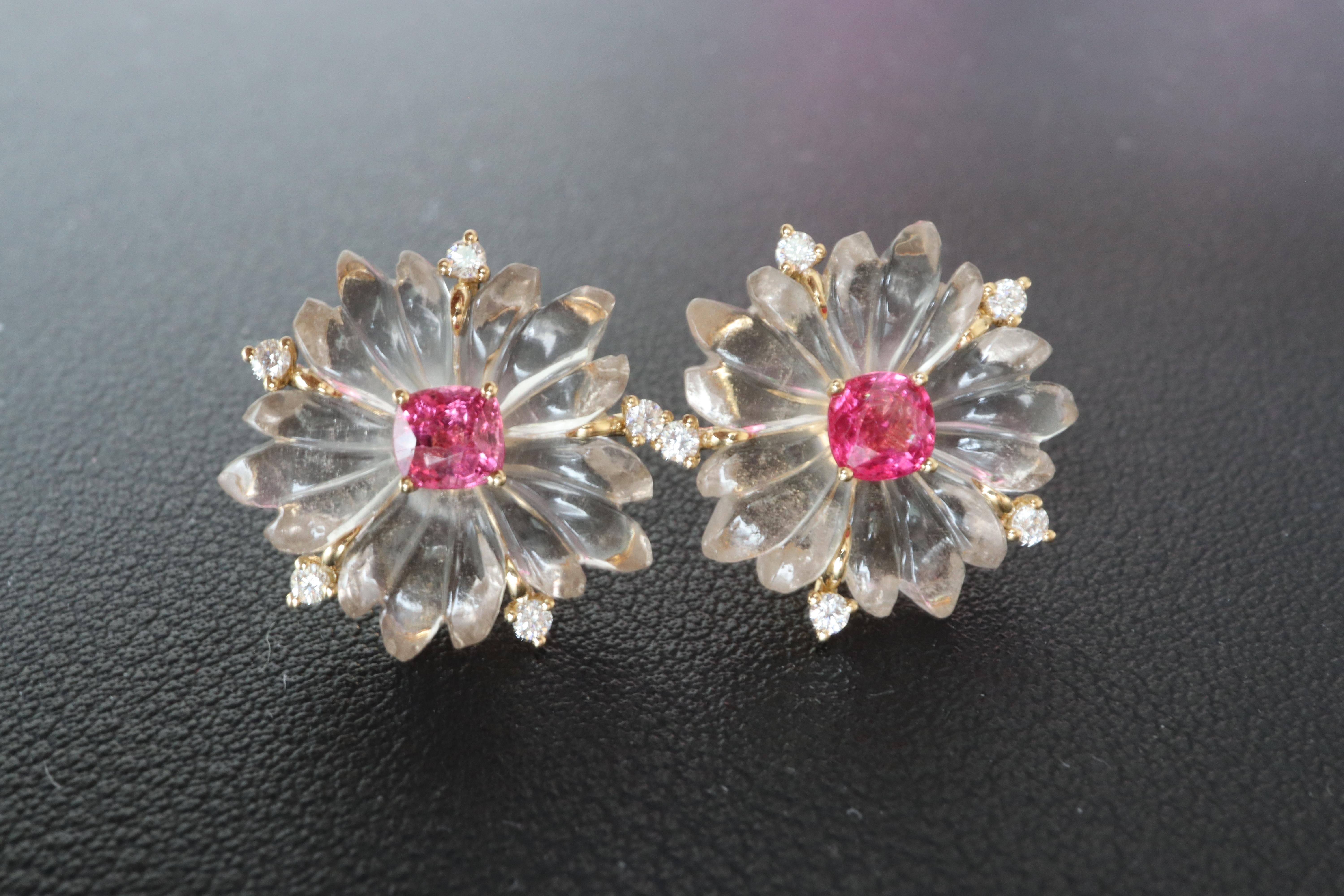 Neon Pink spinel, Diamonds and Natural rose quartz Drop Earring In New Condition For Sale In Singapore, SG