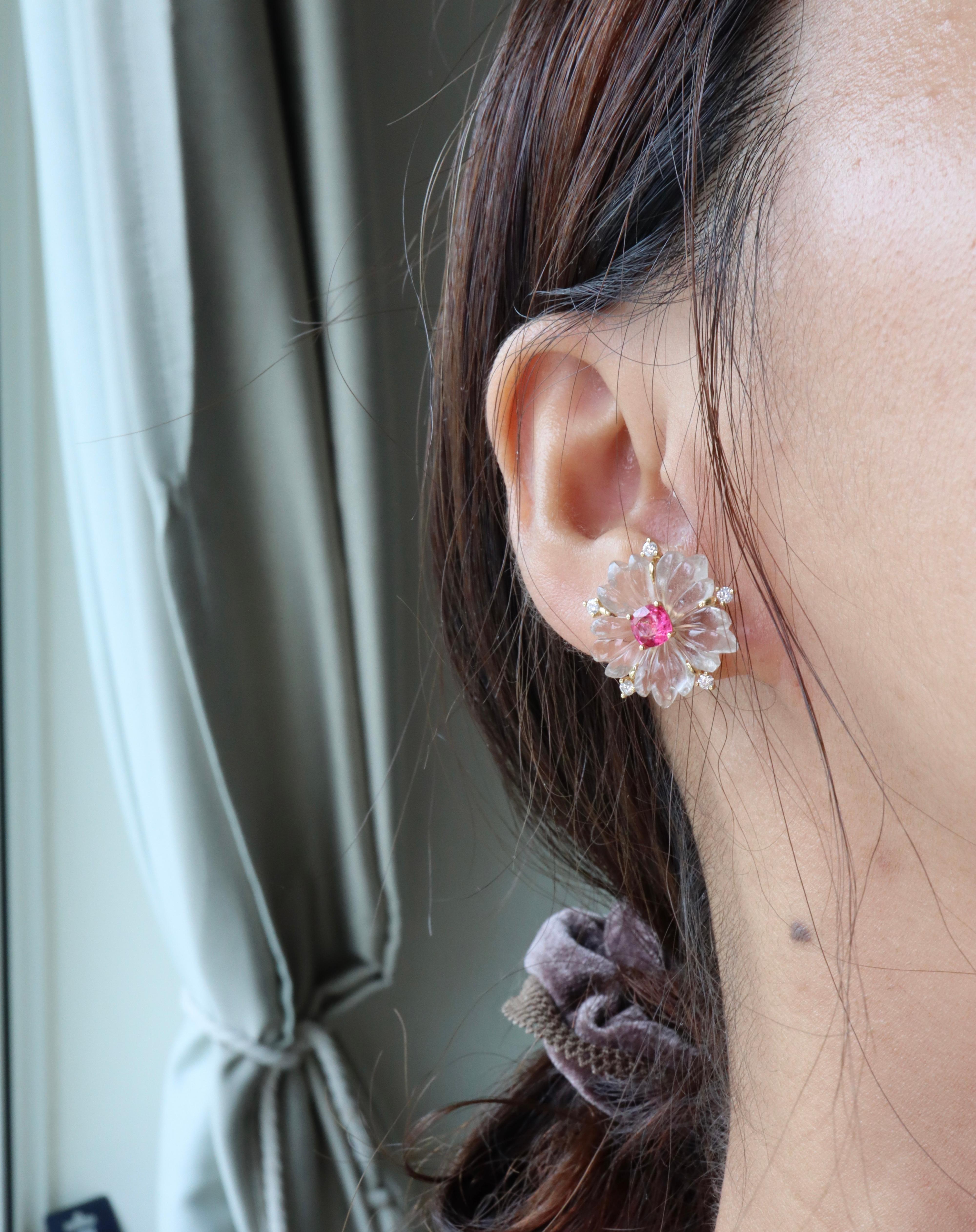 Neon Pink spinel, Diamonds and Natural rose quartz Drop Earring For Sale 1