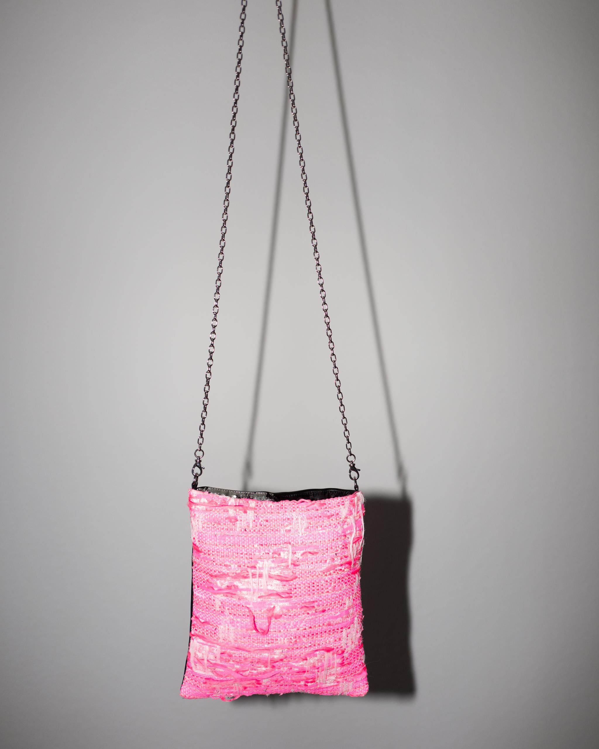 Neon Pink Tweed Black Italian Napa Leather Palladium Chain Shoulder Bag In New Condition For Sale In Los Angeles, CA